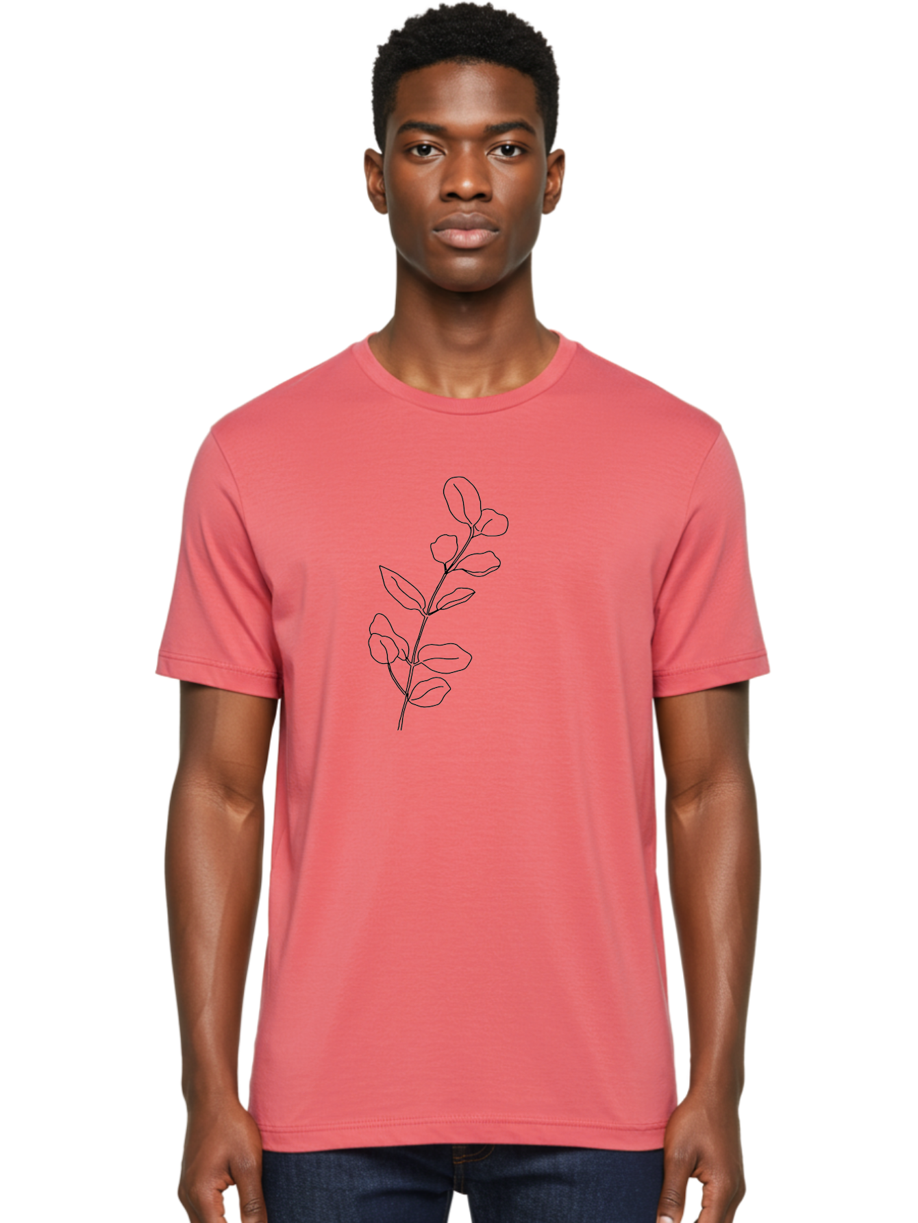 Branch-With-Leaves Men'S Graphic Tee, 100% Cotton, Comfortable Casual Summer Wear, Machine Washable, Simple Line Drawing, Leafy Branch, Minimalist Art, Black Outline, Foliage, Botanical Illustration, Simple Shapes, Natural Elements -  Aaa401