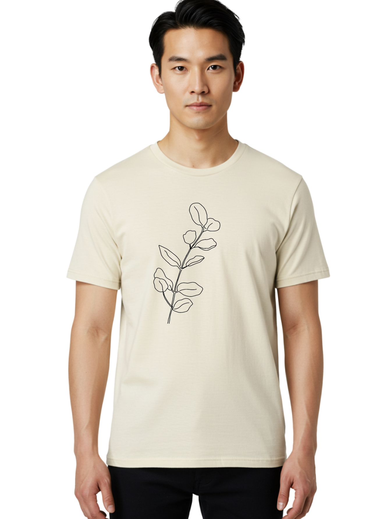 Branch-With-Leaves Men'S Graphic Tee, 100% Cotton, Comfortable Casual Summer Wear, Machine Washable, Simple Line Drawing, Leafy Branch, Minimalist Art, Black Outline, Foliage, Botanical Illustration, Simple Shapes, Natural Elements -  Aaa401