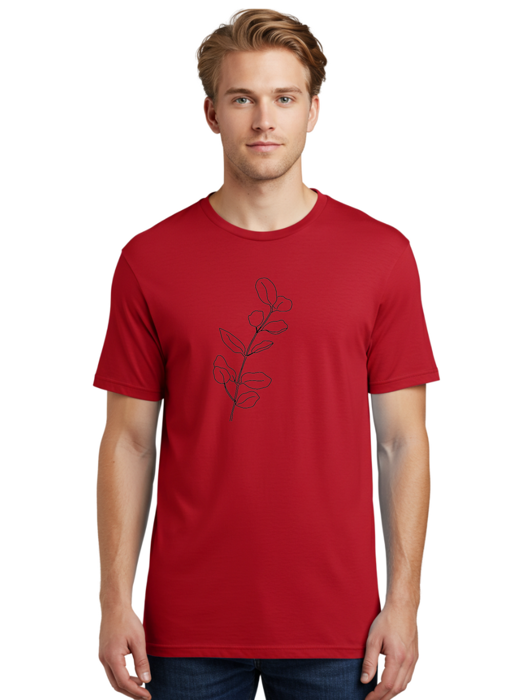 Branch-With-Leaves Men'S Graphic Tee, 100% Cotton, Comfortable Casual Summer Wear, Machine Washable, Simple Line Drawing, Leafy Branch, Minimalist Art, Black Outline, Foliage, Botanical Illustration, Simple Shapes, Natural Elements -  Aaa401