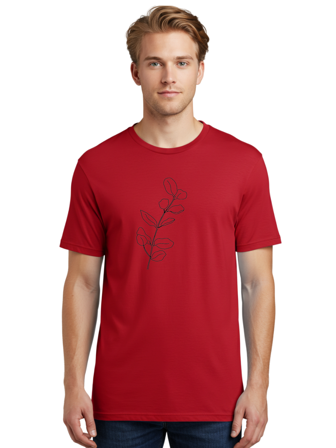 Branch-With-Leaves Men'S Graphic Tee, 100% Cotton, Comfortable Casual Summer Wear, Machine Washable, Simple Line Drawing, Leafy Branch, Minimalist Art, Black Outline, Foliage, Botanical Illustration, Simple Shapes, Natural Elements -  Aaa401