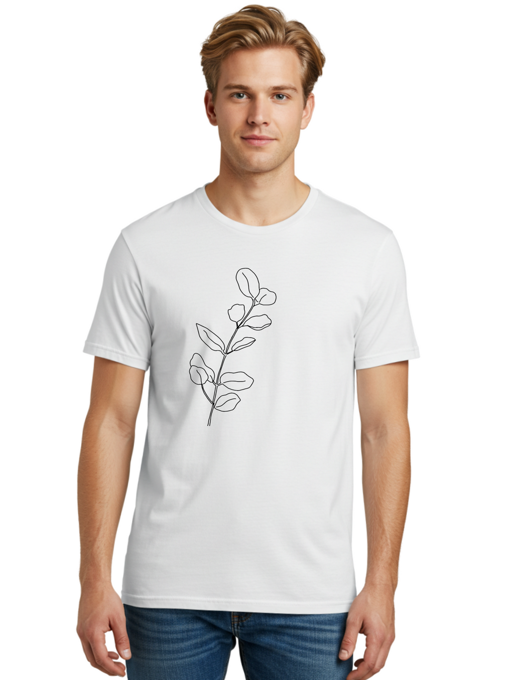 Branch-With-Leaves Men'S Graphic Tee, 100% Cotton, Comfortable Casual Summer Wear, Machine Washable, Simple Line Drawing, Leafy Branch, Minimalist Art, Black Outline, Foliage, Botanical Illustration, Simple Shapes, Natural Elements -  Aaa401