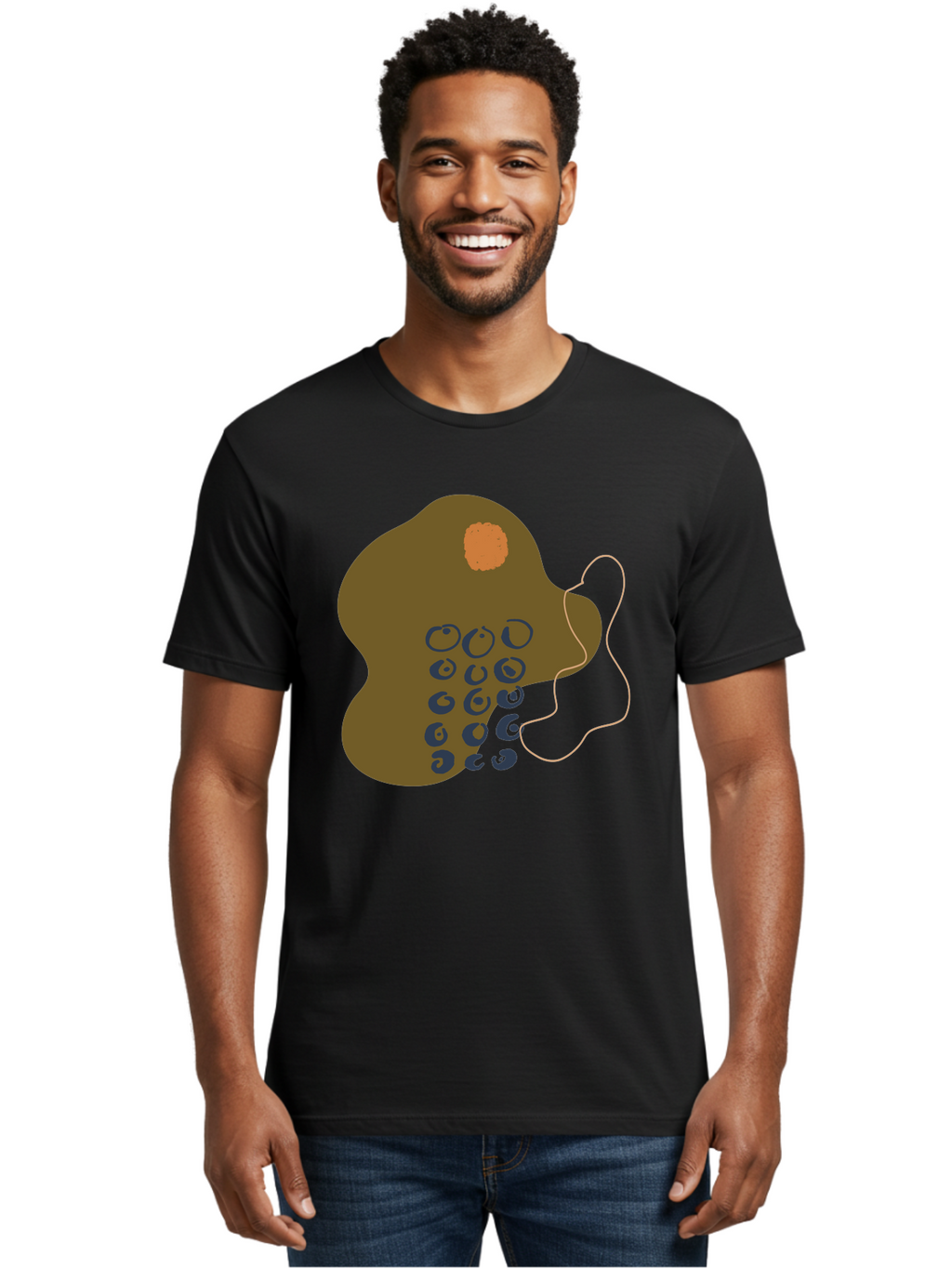 Brown-Blob Men'S Graphic Tee, 100% Cotton, Comfortable Casual Summer Wear, Machine Washable, Abstract Art, Modern Design, Blue Circles, Brown Blob, Irregular Shape, Creative Expression, Digital Illustration, Unique Pattern -  Aaa403