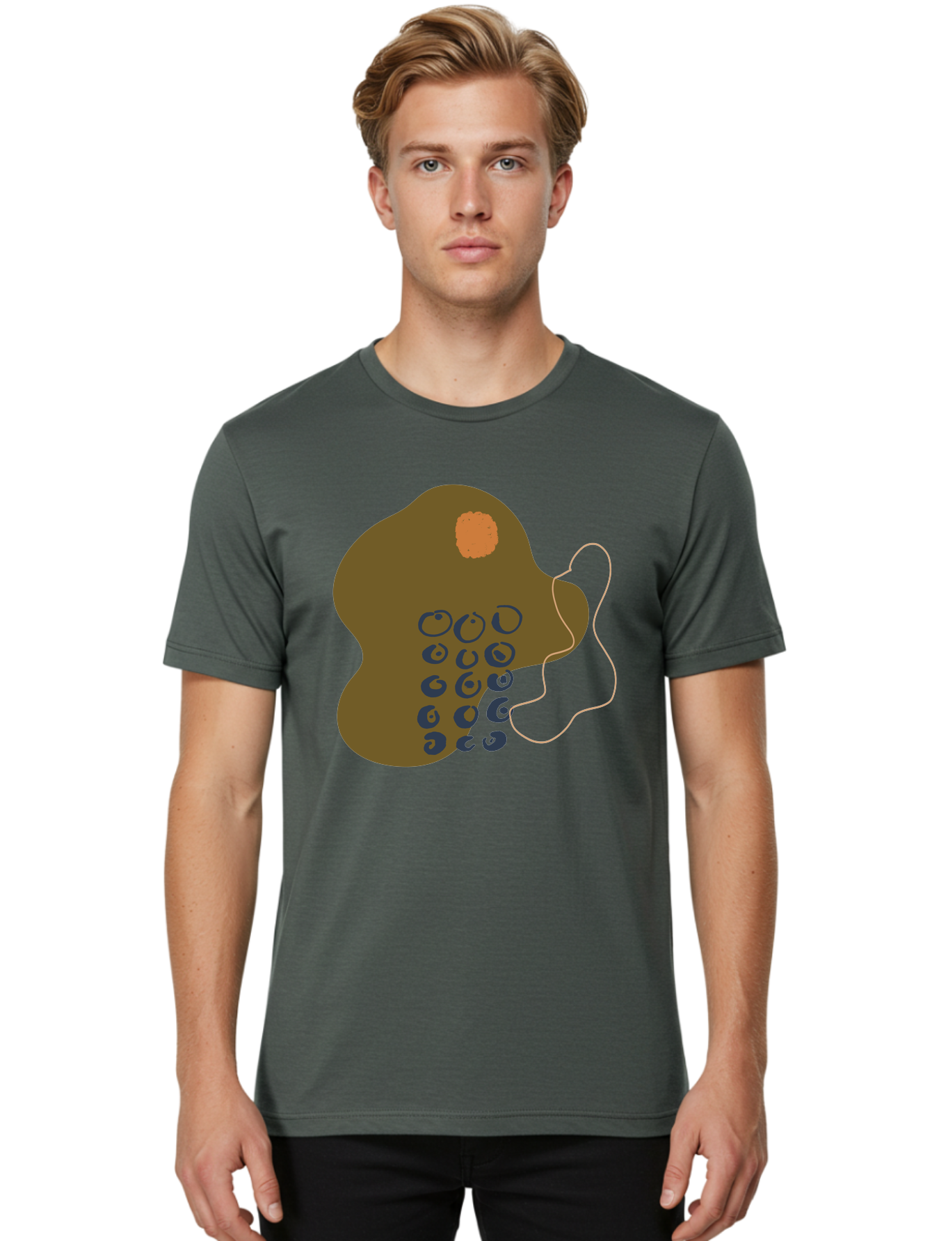 Brown-Blob Men'S Graphic Tee, 100% Cotton, Comfortable Casual Summer Wear, Machine Washable, Abstract Art, Modern Design, Blue Circles, Brown Blob, Irregular Shape, Creative Expression, Digital Illustration, Unique Pattern -  Aaa403