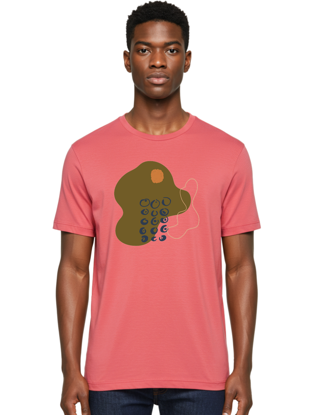 Brown-Blob Men'S Graphic Tee, 100% Cotton, Comfortable Casual Summer Wear, Machine Washable, Abstract Art, Modern Design, Blue Circles, Brown Blob, Irregular Shape, Creative Expression, Digital Illustration, Unique Pattern -  Aaa403