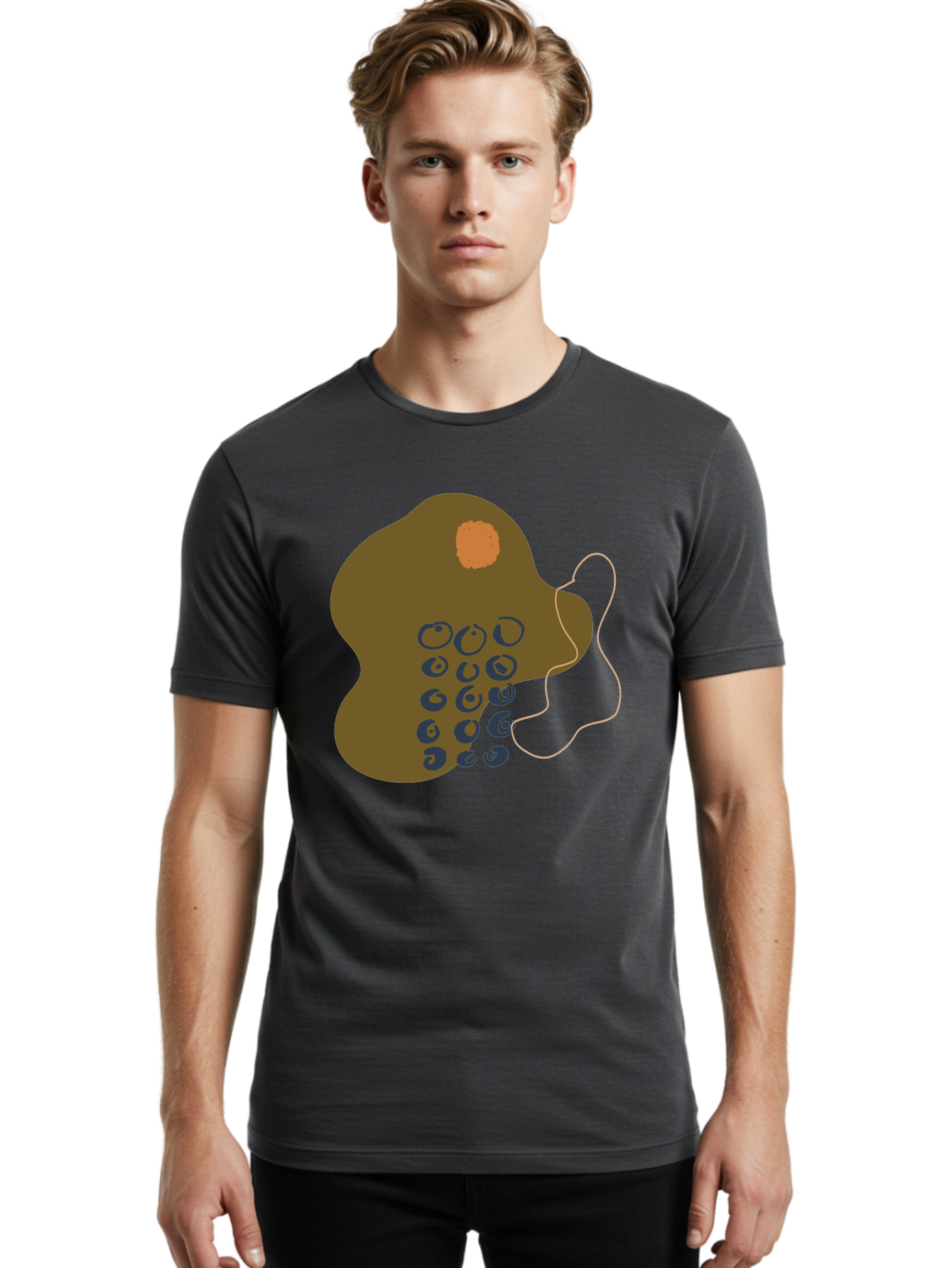 Brown-Blob Men'S Graphic Tee, 100% Cotton, Comfortable Casual Summer Wear, Machine Washable, Abstract Art, Modern Design, Blue Circles, Brown Blob, Irregular Shape, Creative Expression, Digital Illustration, Unique Pattern -  Aaa403