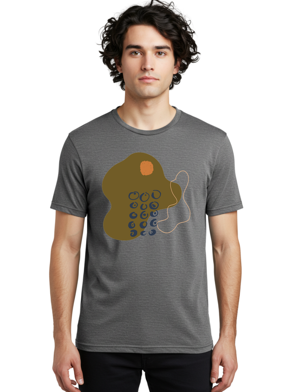 Brown-Blob Men'S Graphic Tee, 100% Cotton, Comfortable Casual Summer Wear, Machine Washable, Abstract Art, Modern Design, Blue Circles, Brown Blob, Irregular Shape, Creative Expression, Digital Illustration, Unique Pattern -  Aaa403
