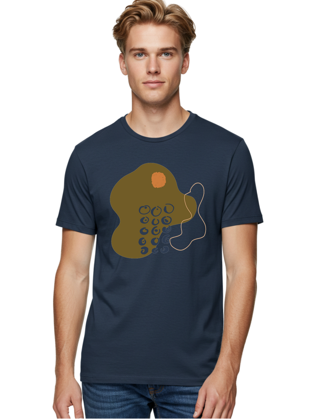 Brown-Blob Men'S Graphic Tee, 100% Cotton, Comfortable Casual Summer Wear, Machine Washable, Abstract Art, Modern Design, Blue Circles, Brown Blob, Irregular Shape, Creative Expression, Digital Illustration, Unique Pattern -  Aaa403