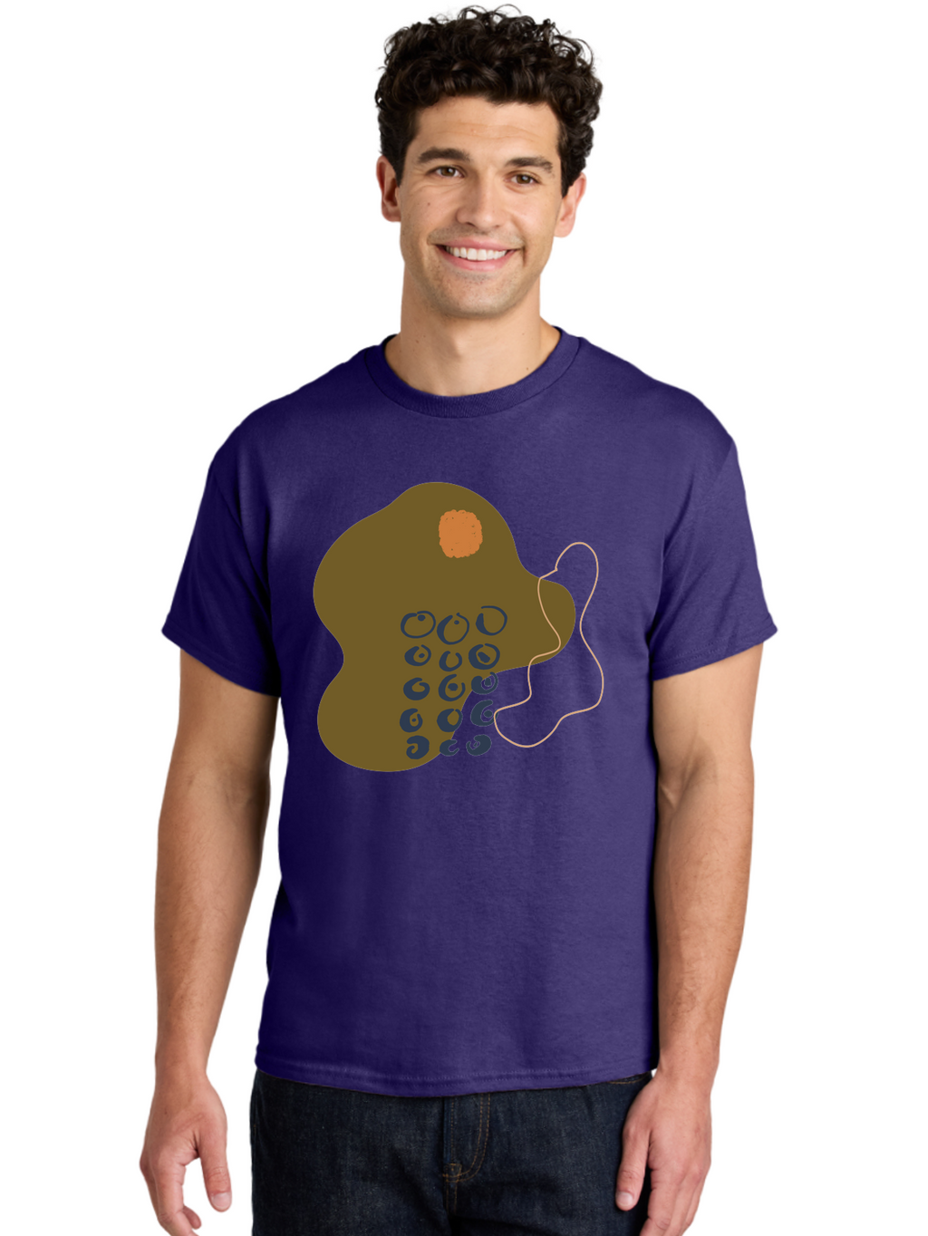 Brown-Blob Men'S Graphic Tee, 100% Cotton, Comfortable Casual Summer Wear, Machine Washable, Abstract Art, Modern Design, Blue Circles, Brown Blob, Irregular Shape, Creative Expression, Digital Illustration, Unique Pattern -  Aaa403