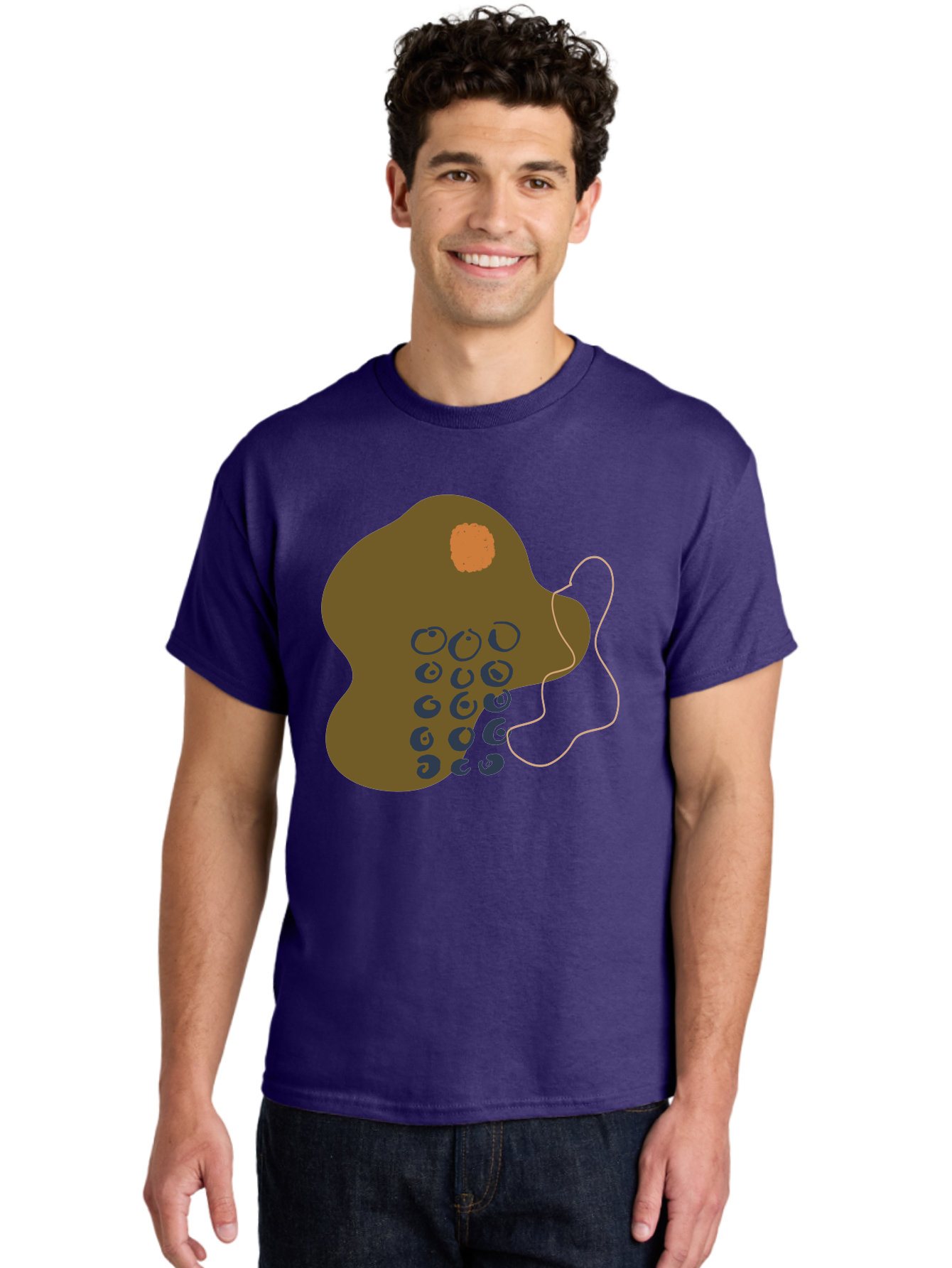 Brown-Blob Men'S Graphic Tee, 100% Cotton, Comfortable Casual Summer Wear, Machine Washable, Abstract Art, Modern Design, Blue Circles, Brown Blob, Irregular Shape, Creative Expression, Digital Illustration, Unique Pattern -  Aaa403