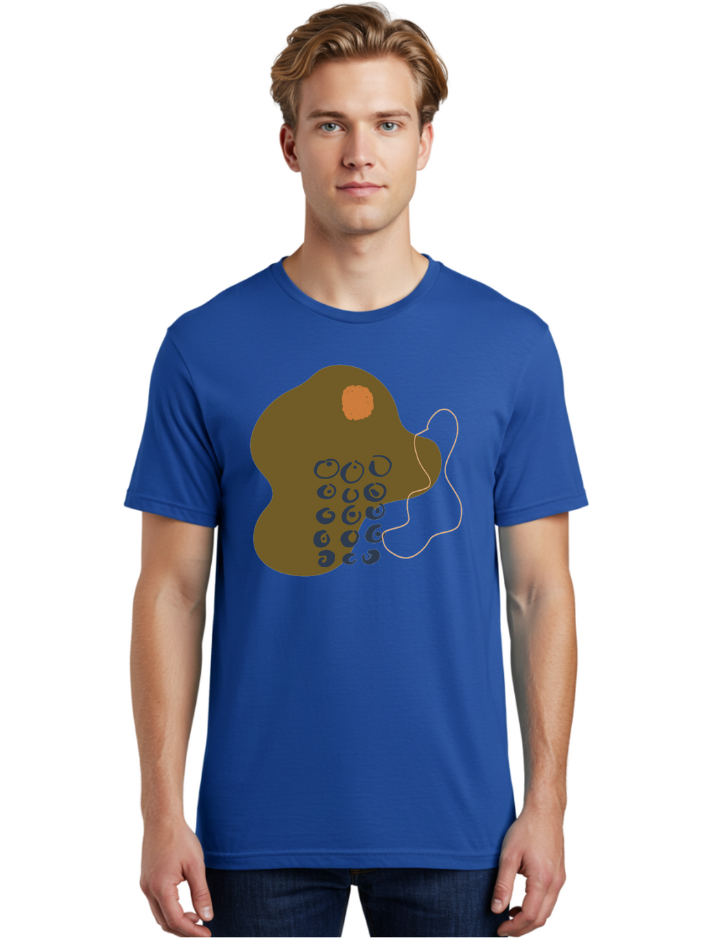 Brown-Blob Men'S Graphic Tee, 100% Cotton, Comfortable Casual Summer Wear, Machine Washable, Abstract Art, Modern Design, Blue Circles, Brown Blob, Irregular Shape, Creative Expression, Digital Illustration, Unique Pattern -  Aaa403
