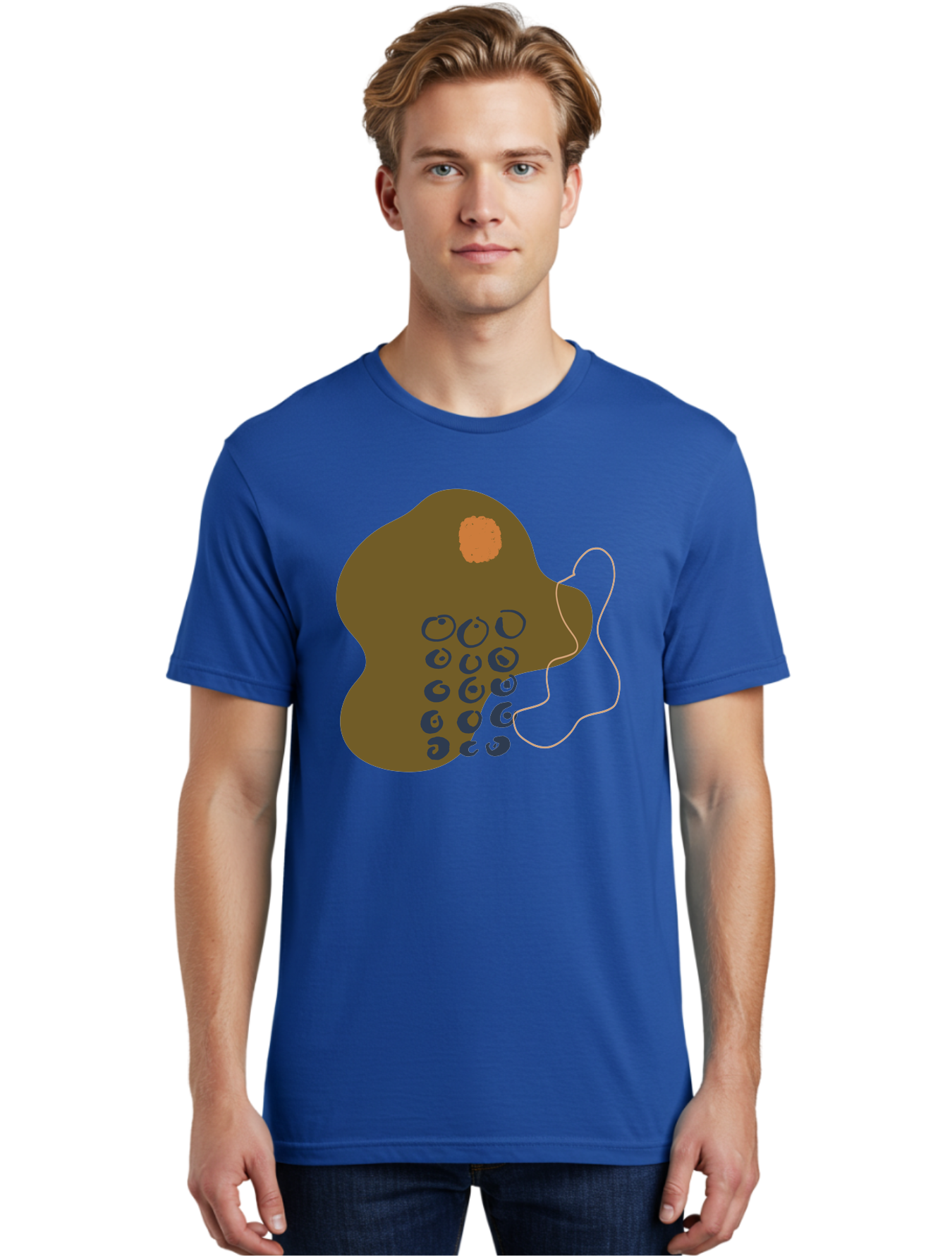 Brown-Blob Men'S Graphic Tee, 100% Cotton, Comfortable Casual Summer Wear, Machine Washable, Abstract Art, Modern Design, Blue Circles, Brown Blob, Irregular Shape, Creative Expression, Digital Illustration, Unique Pattern -  Aaa403