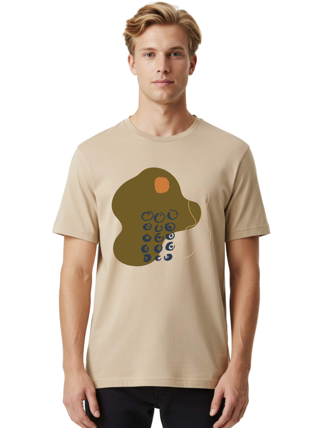 Brown-Blob Men'S Graphic Tee, 100% Cotton, Comfortable Casual Summer Wear, Machine Washable, Abstract Art, Modern Design, Blue Circles, Brown Blob, Irregular Shape, Creative Expression, Digital Illustration, Unique Pattern -  Aaa403