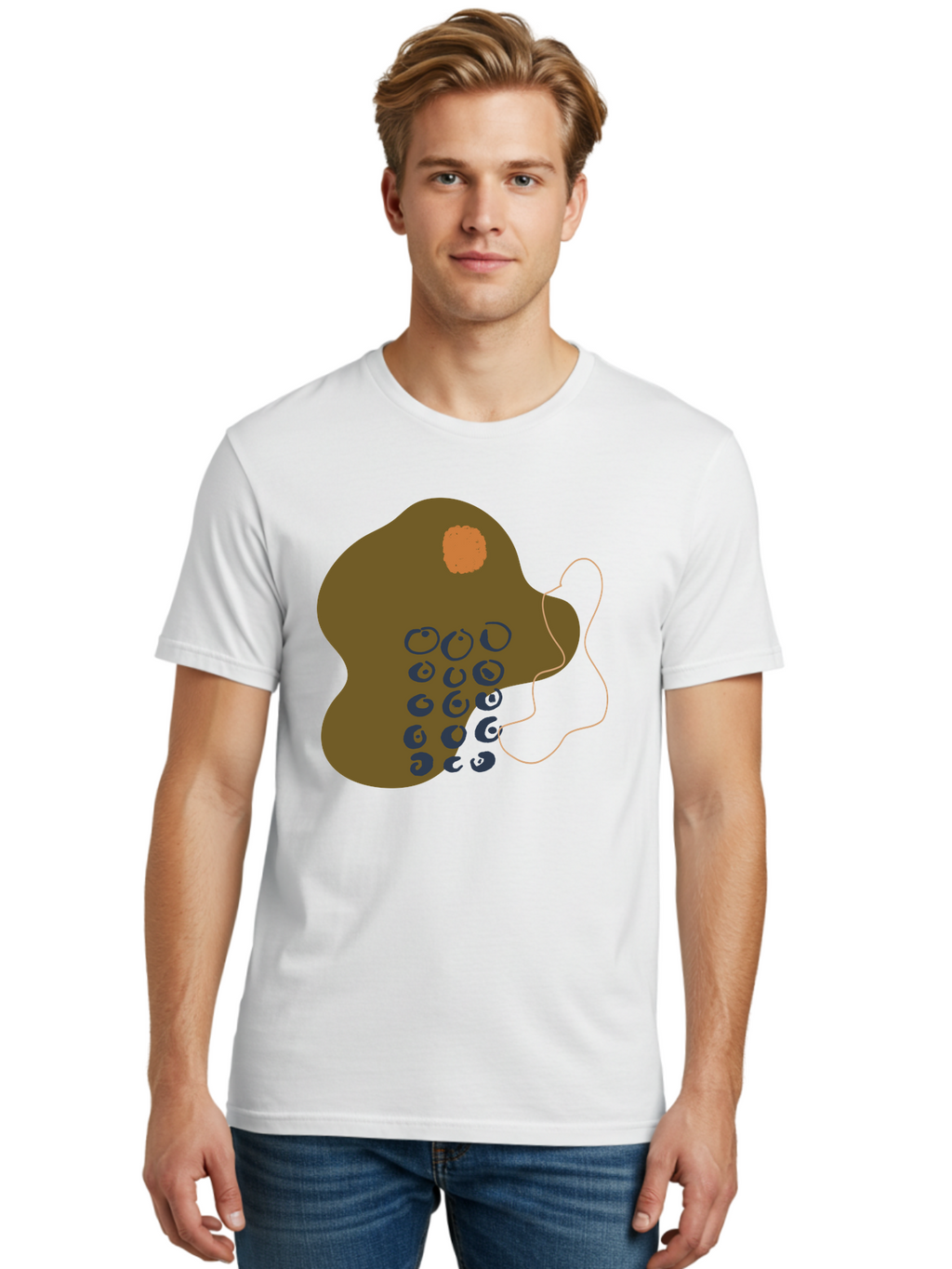 Brown-Blob Men'S Graphic Tee, 100% Cotton, Comfortable Casual Summer Wear, Machine Washable, Abstract Art, Modern Design, Blue Circles, Brown Blob, Irregular Shape, Creative Expression, Digital Illustration, Unique Pattern -  Aaa403