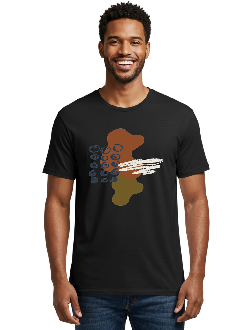 Brown-Shape-With-Swirls-And-Lines Men'S Graphic Tee, 100% Cotton, Comfortable Casual Summer Wear, Machine Washable, Brown Abstract Shape, Swirling Patterns, White Streaks, Blue Circles, Artistic Expression, Creative Design, Digital Art, -  Aaa404