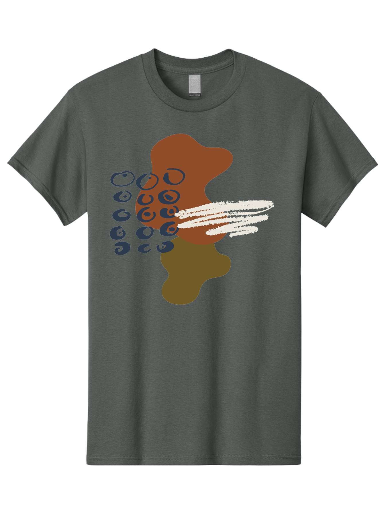 Brown-Shape-With-Swirls-And-Lines Men'S Graphic Tee, 100% Cotton, Comfortable Casual Summer Wear, Machine Washable, Brown Abstract Shape, Swirling Patterns, White Streaks, Blue Circles, Artistic Expression, Creative Design, Digital Art, -  Aaa404