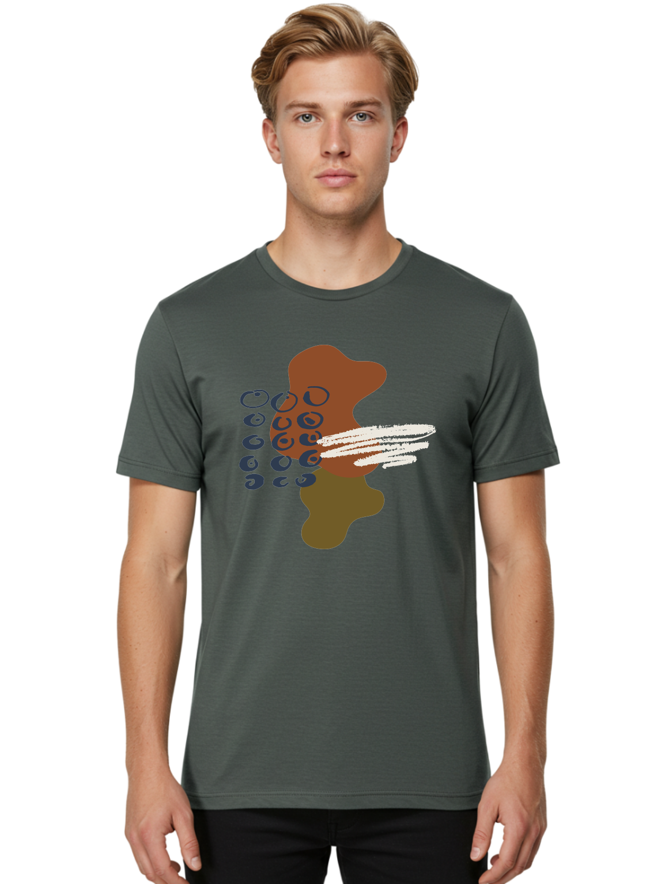 Brown-Shape-With-Swirls-And-Lines Men'S Graphic Tee, 100% Cotton, Comfortable Casual Summer Wear, Machine Washable, Brown Abstract Shape, Swirling Patterns, White Streaks, Blue Circles, Artistic Expression, Creative Design, Digital Art, -  Aaa404