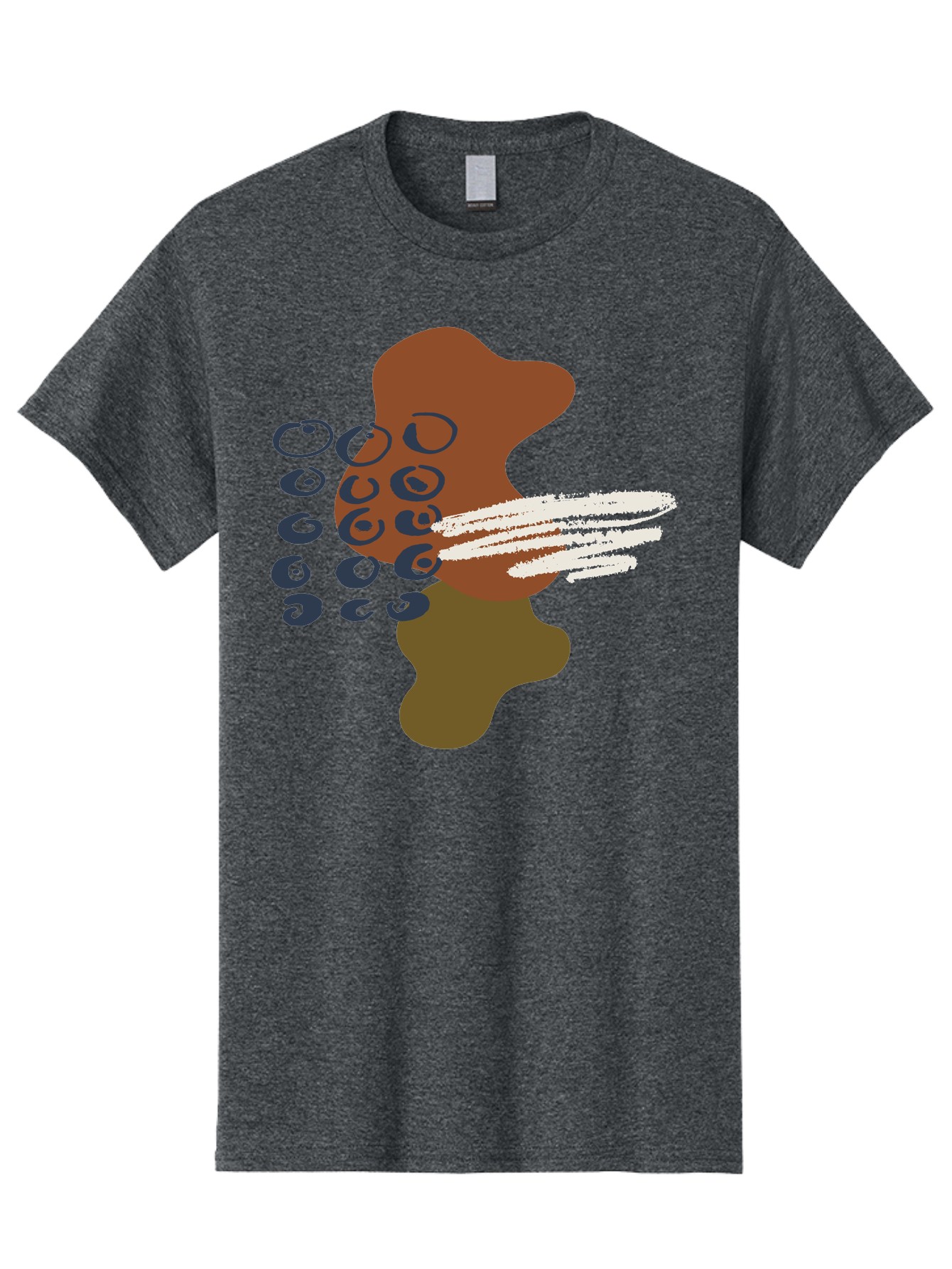 Brown-Shape-With-Swirls-And-Lines Men'S Graphic Tee, 100% Cotton, Comfortable Casual Summer Wear, Machine Washable, Brown Abstract Shape, Swirling Patterns, White Streaks, Blue Circles, Artistic Expression, Creative Design, Digital Art, -  Aaa404