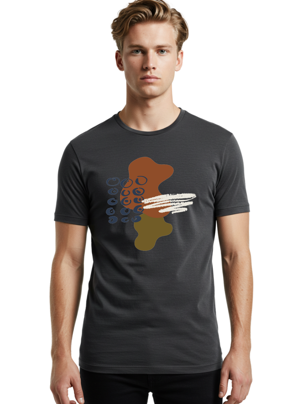 Brown-Shape-With-Swirls-And-Lines Men'S Graphic Tee, 100% Cotton, Comfortable Casual Summer Wear, Machine Washable, Brown Abstract Shape, Swirling Patterns, White Streaks, Blue Circles, Artistic Expression, Creative Design, Digital Art, -  Aaa404