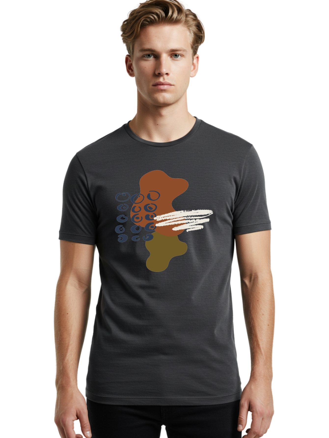 Brown-Shape-With-Swirls-And-Lines Men'S Graphic Tee, 100% Cotton, Comfortable Casual Summer Wear, Machine Washable, Brown Abstract Shape, Swirling Patterns, White Streaks, Blue Circles, Artistic Expression, Creative Design, Digital Art, -  Aaa404