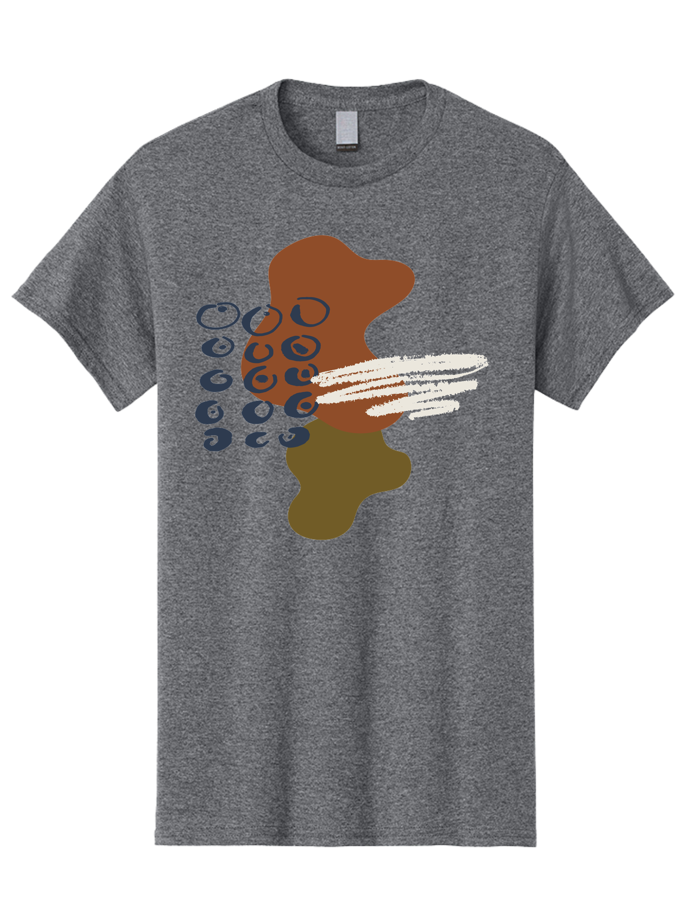 Brown-Shape-With-Swirls-And-Lines Men'S Graphic Tee, 100% Cotton, Comfortable Casual Summer Wear, Machine Washable, Brown Abstract Shape, Swirling Patterns, White Streaks, Blue Circles, Artistic Expression, Creative Design, Digital Art, -  Aaa404