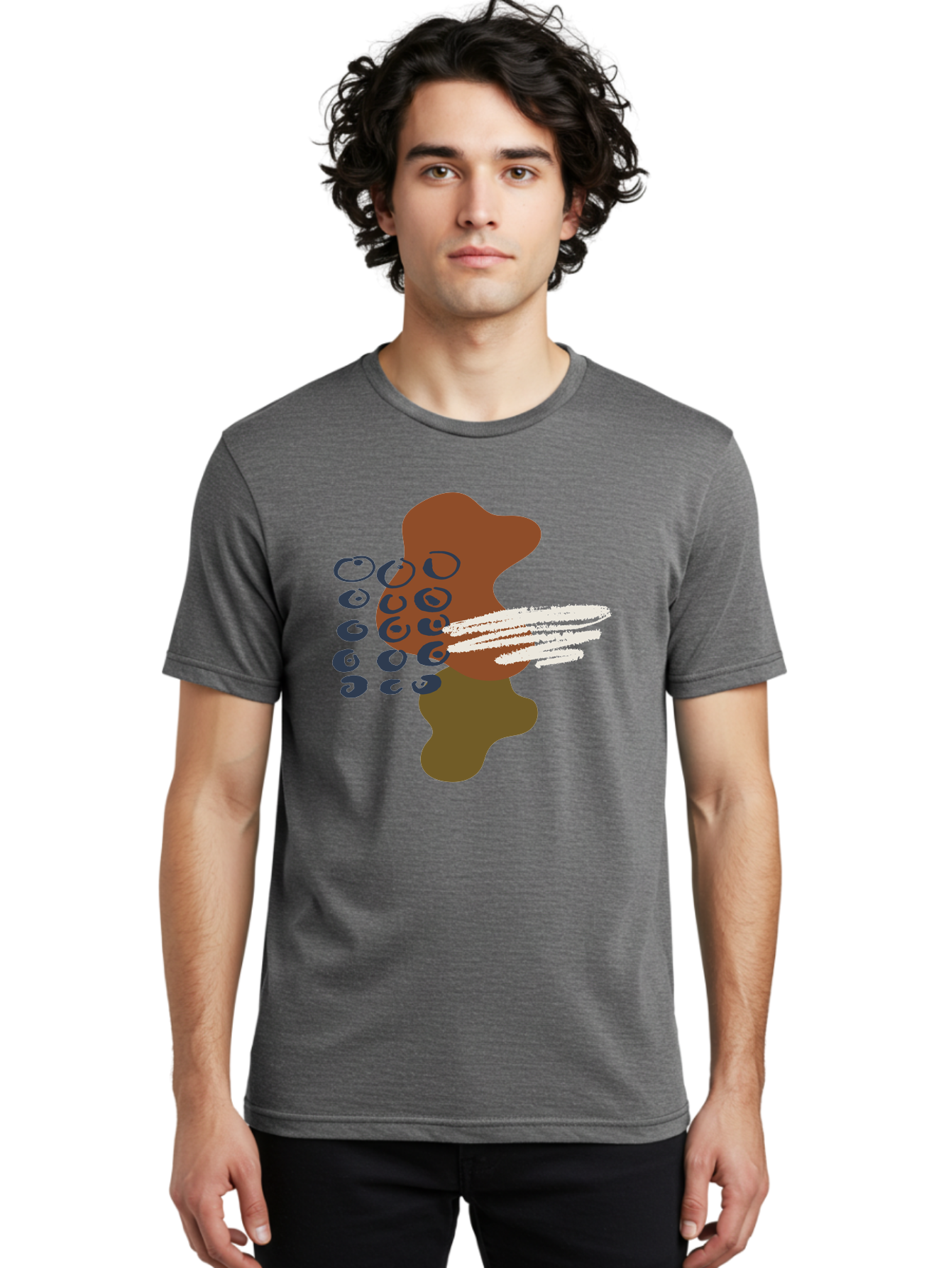 Brown-Shape-With-Swirls-And-Lines Men'S Graphic Tee, 100% Cotton, Comfortable Casual Summer Wear, Machine Washable, Brown Abstract Shape, Swirling Patterns, White Streaks, Blue Circles, Artistic Expression, Creative Design, Digital Art, -  Aaa404