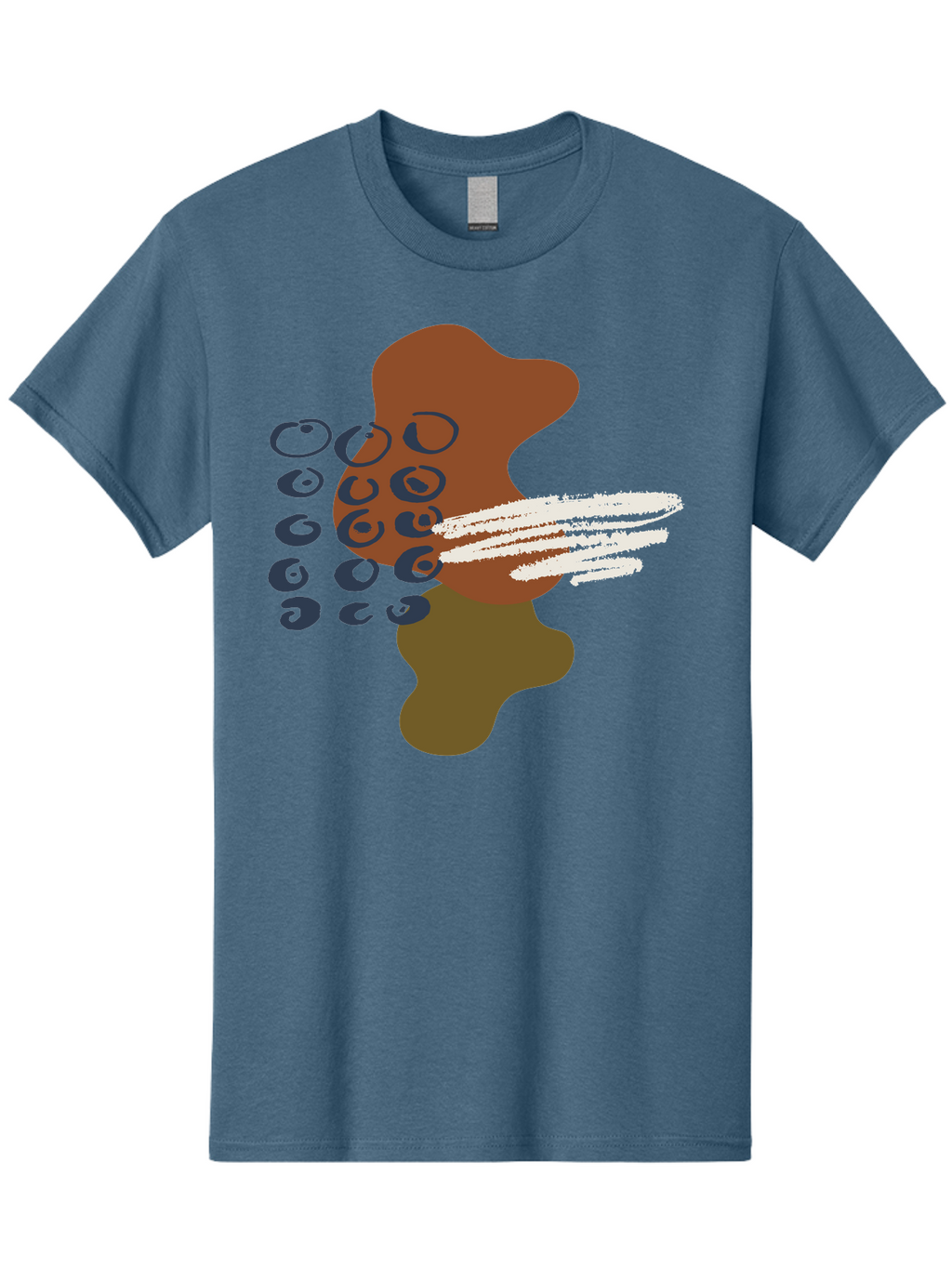 Brown-Shape-With-Swirls-And-Lines Men'S Graphic Tee, 100% Cotton, Comfortable Casual Summer Wear, Machine Washable, Brown Abstract Shape, Swirling Patterns, White Streaks, Blue Circles, Artistic Expression, Creative Design, Digital Art, -  Aaa404