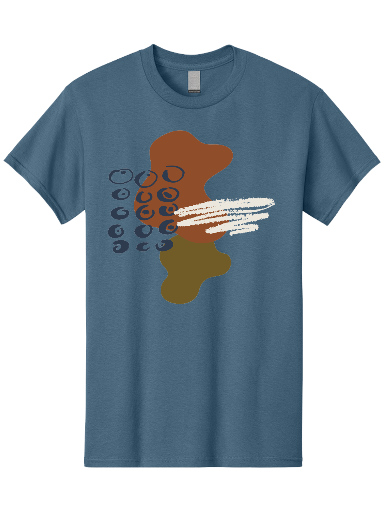 Brown-Shape-With-Swirls-And-Lines Men'S Graphic Tee, 100% Cotton, Comfortable Casual Summer Wear, Machine Washable, Brown Abstract Shape, Swirling Patterns, White Streaks, Blue Circles, Artistic Expression, Creative Design, Digital Art, -  Aaa404
