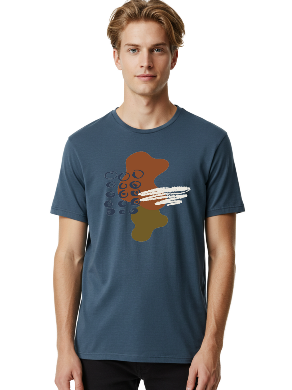 Brown-Shape-With-Swirls-And-Lines Men'S Graphic Tee, 100% Cotton, Comfortable Casual Summer Wear, Machine Washable, Brown Abstract Shape, Swirling Patterns, White Streaks, Blue Circles, Artistic Expression, Creative Design, Digital Art, -  Aaa404