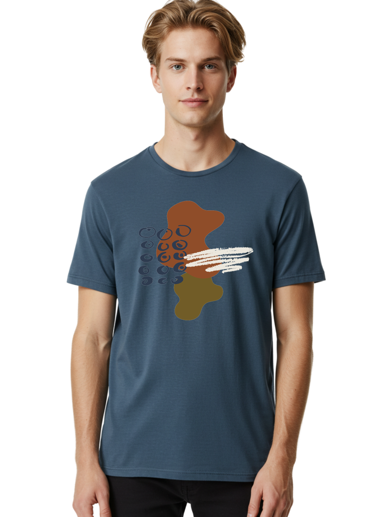 Brown-Shape-With-Swirls-And-Lines Men'S Graphic Tee, 100% Cotton, Comfortable Casual Summer Wear, Machine Washable, Brown Abstract Shape, Swirling Patterns, White Streaks, Blue Circles, Artistic Expression, Creative Design, Digital Art, -  Aaa404