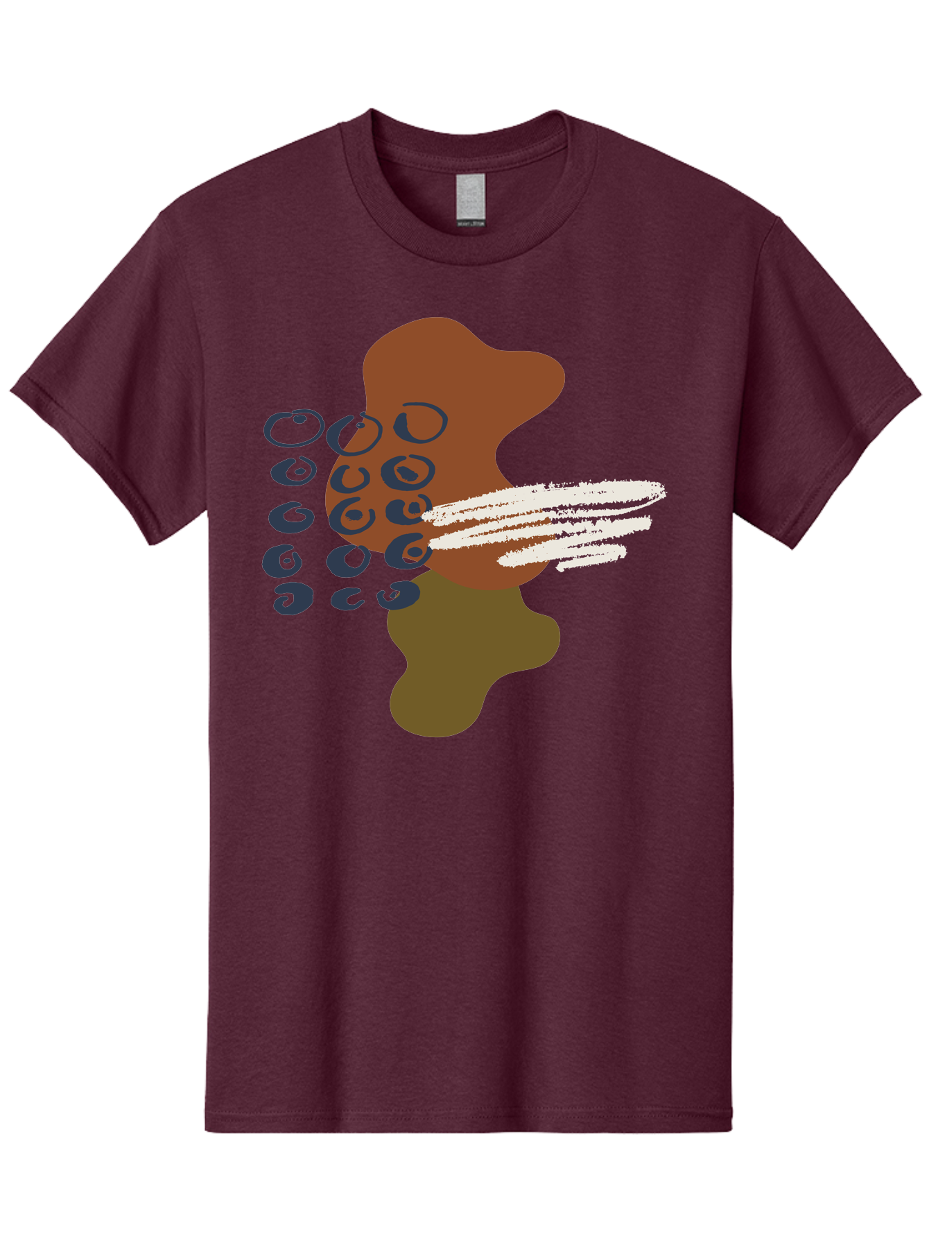 Brown-Shape-With-Swirls-And-Lines Men'S Graphic Tee, 100% Cotton, Comfortable Casual Summer Wear, Machine Washable, Brown Abstract Shape, Swirling Patterns, White Streaks, Blue Circles, Artistic Expression, Creative Design, Digital Art, -  Aaa404