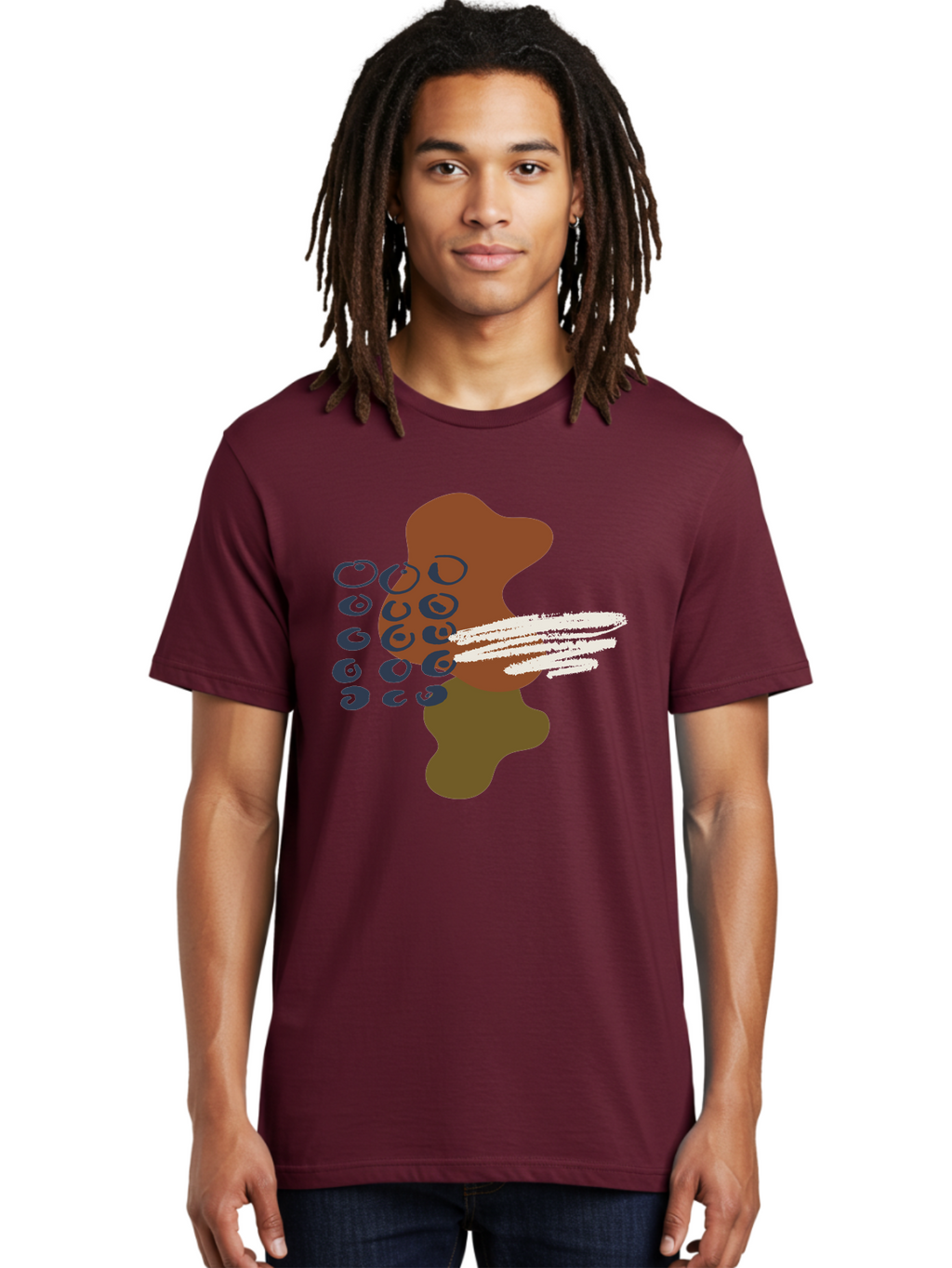 Brown-Shape-With-Swirls-And-Lines Men'S Graphic Tee, 100% Cotton, Comfortable Casual Summer Wear, Machine Washable, Brown Abstract Shape, Swirling Patterns, White Streaks, Blue Circles, Artistic Expression, Creative Design, Digital Art, -  Aaa404