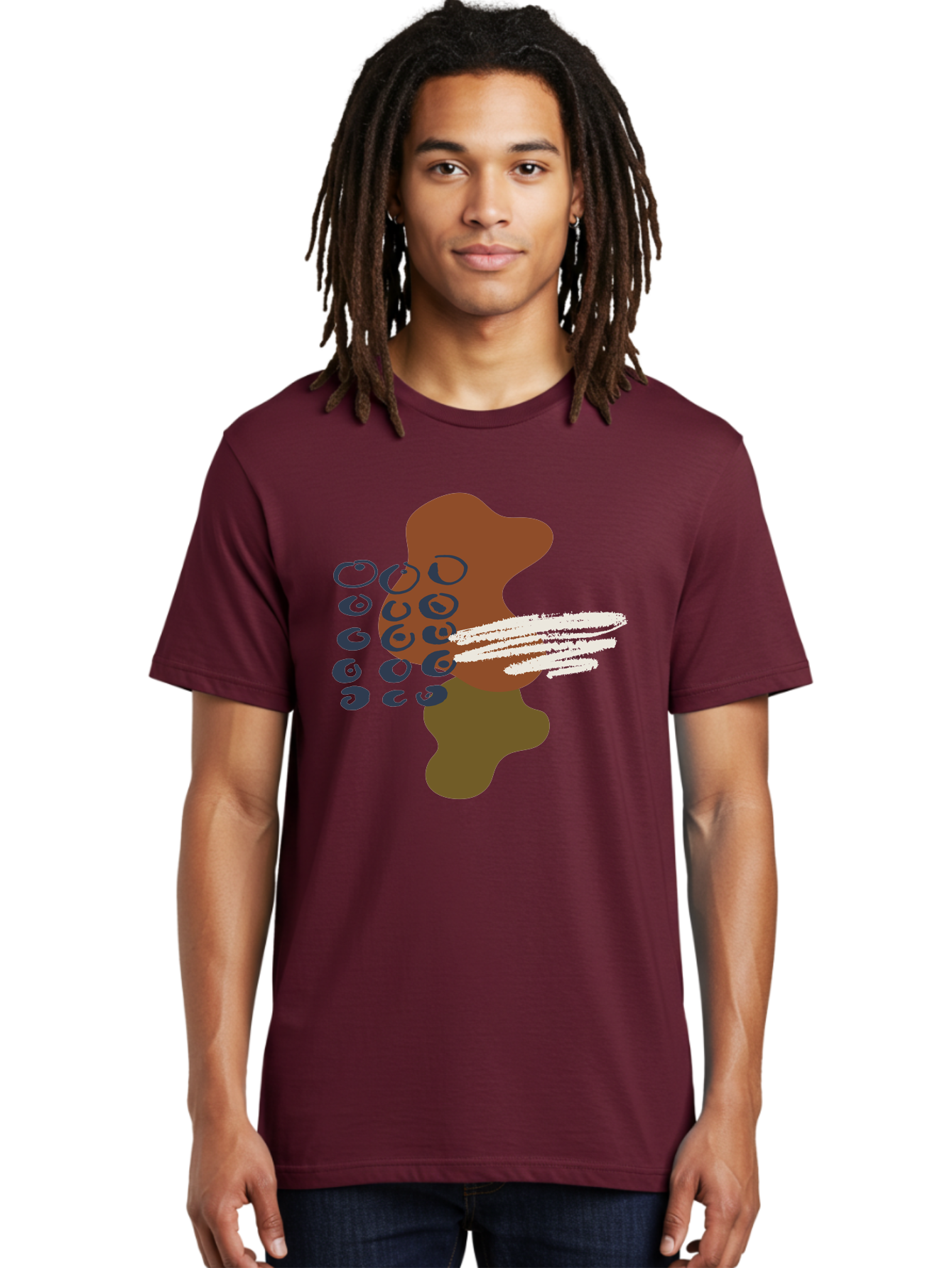 Brown-Shape-With-Swirls-And-Lines Men'S Graphic Tee, 100% Cotton, Comfortable Casual Summer Wear, Machine Washable, Brown Abstract Shape, Swirling Patterns, White Streaks, Blue Circles, Artistic Expression, Creative Design, Digital Art, -  Aaa404