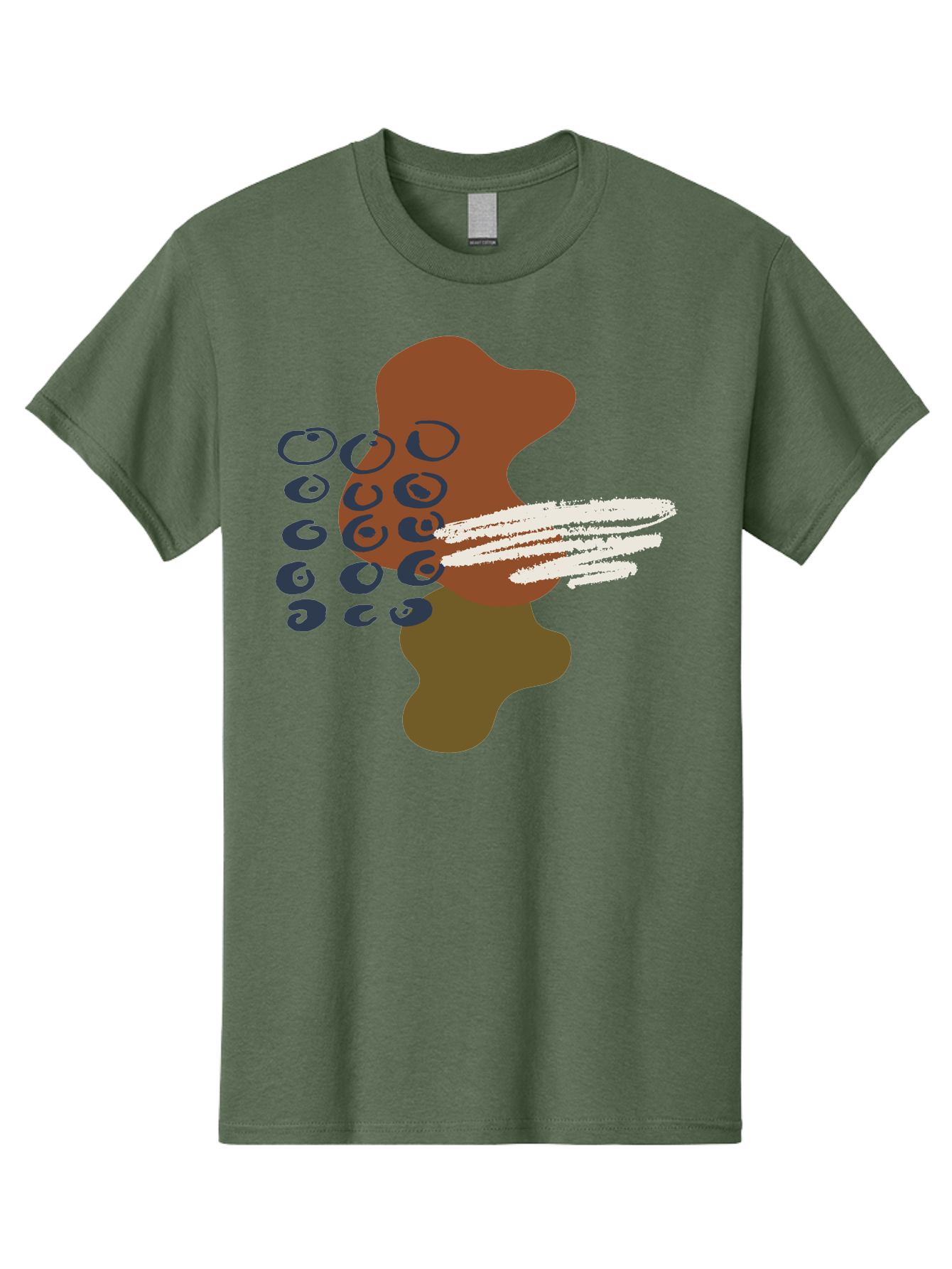 Brown-Shape-With-Swirls-And-Lines Men'S Graphic Tee, 100% Cotton, Comfortable Casual Summer Wear, Machine Washable, Brown Abstract Shape, Swirling Patterns, White Streaks, Blue Circles, Artistic Expression, Creative Design, Digital Art, -  Aaa404