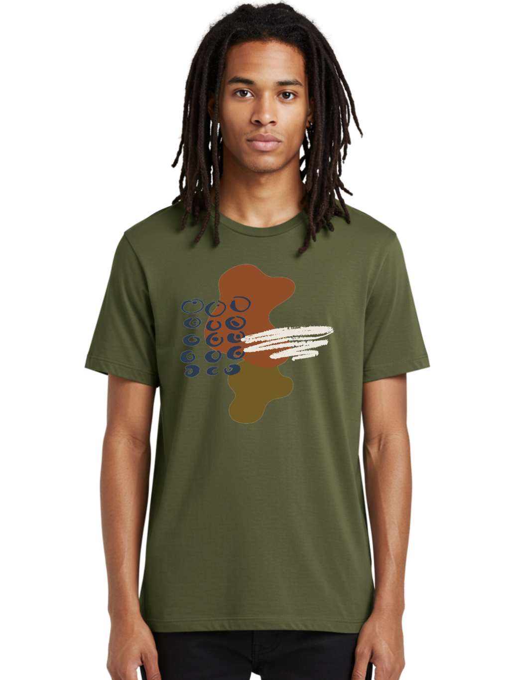 Brown-Shape-With-Swirls-And-Lines Men'S Graphic Tee, 100% Cotton, Comfortable Casual Summer Wear, Machine Washable, Brown Abstract Shape, Swirling Patterns, White Streaks, Blue Circles, Artistic Expression, Creative Design, Digital Art, -  Aaa404