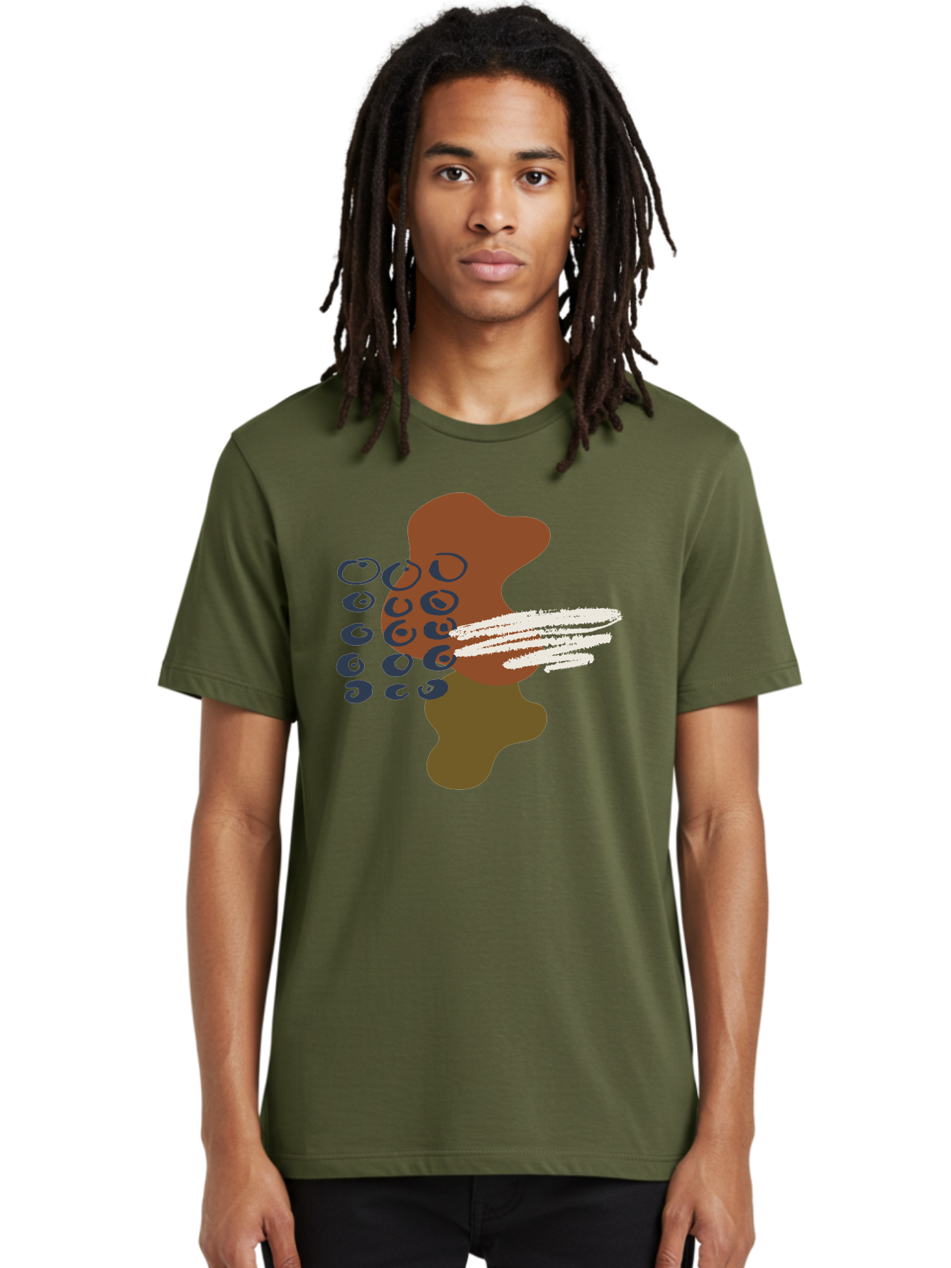 Brown-Shape-With-Swirls-And-Lines Men'S Graphic Tee, 100% Cotton, Comfortable Casual Summer Wear, Machine Washable, Brown Abstract Shape, Swirling Patterns, White Streaks, Blue Circles, Artistic Expression, Creative Design, Digital Art, -  Aaa404