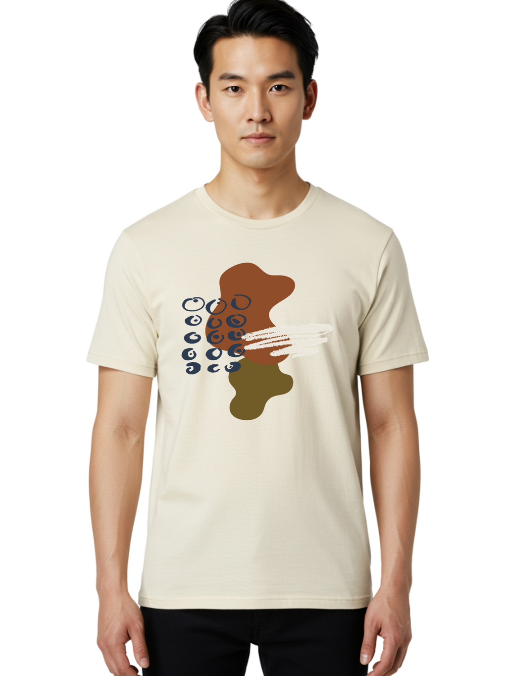 Brown-Shape-With-Swirls-And-Lines Men'S Graphic Tee, 100% Cotton, Comfortable Casual Summer Wear, Machine Washable, Brown Abstract Shape, Swirling Patterns, White Streaks, Blue Circles, Artistic Expression, Creative Design, Digital Art, -  Aaa404