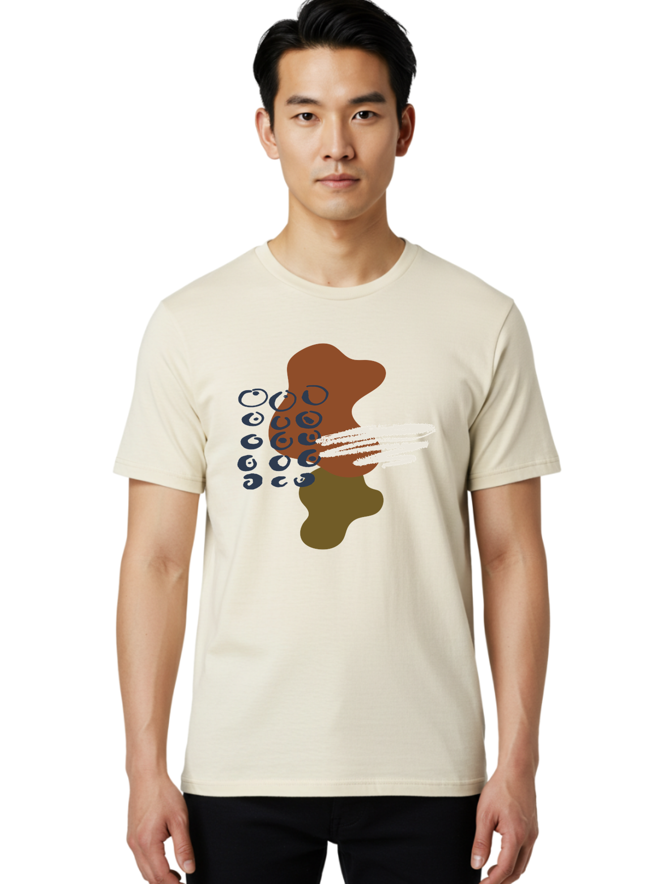 Brown-Shape-With-Swirls-And-Lines Men'S Graphic Tee, 100% Cotton, Comfortable Casual Summer Wear, Machine Washable, Brown Abstract Shape, Swirling Patterns, White Streaks, Blue Circles, Artistic Expression, Creative Design, Digital Art, -  Aaa404