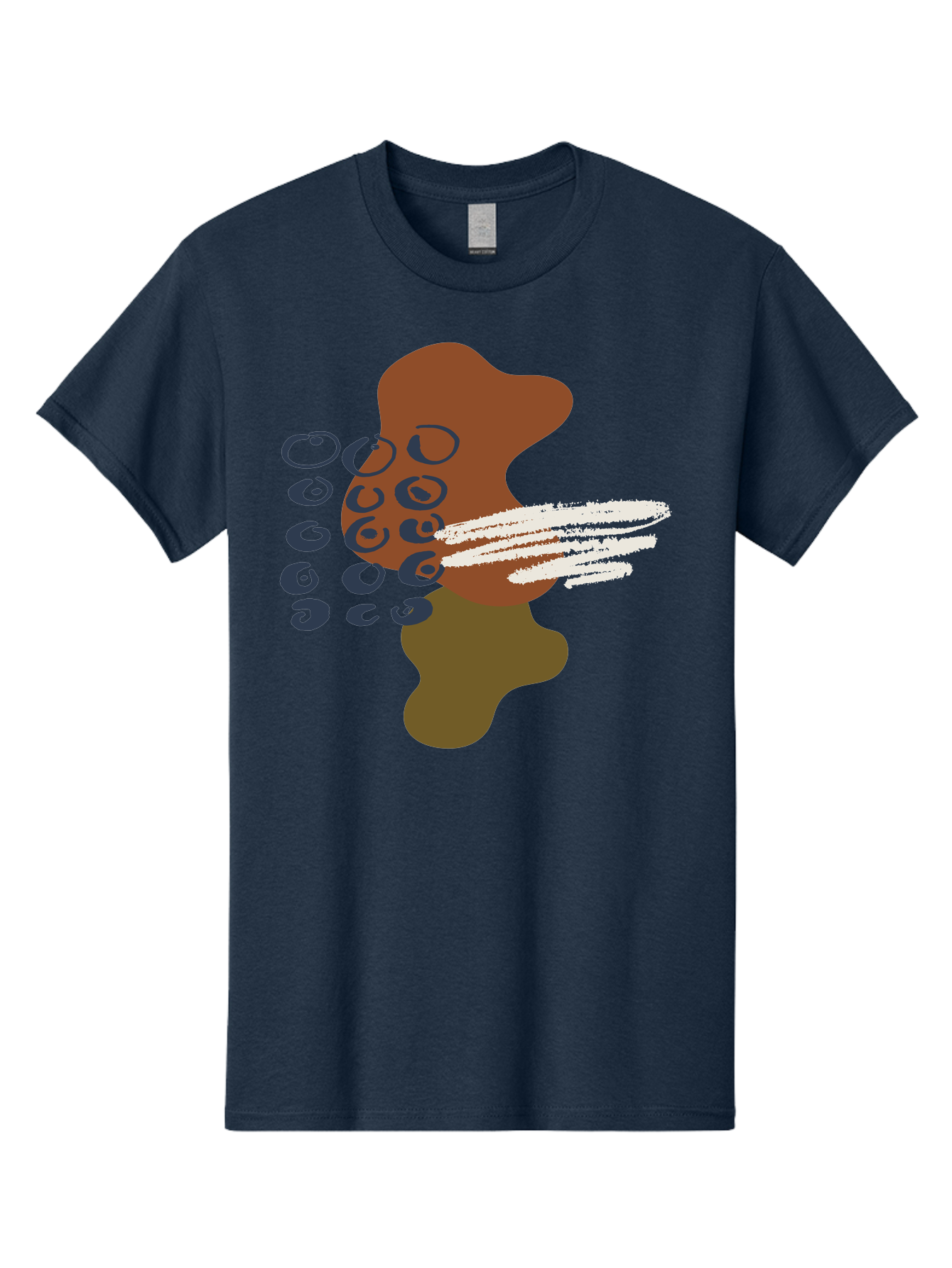 Brown-Shape-With-Swirls-And-Lines Men'S Graphic Tee, 100% Cotton, Comfortable Casual Summer Wear, Machine Washable, Brown Abstract Shape, Swirling Patterns, White Streaks, Blue Circles, Artistic Expression, Creative Design, Digital Art, -  Aaa404