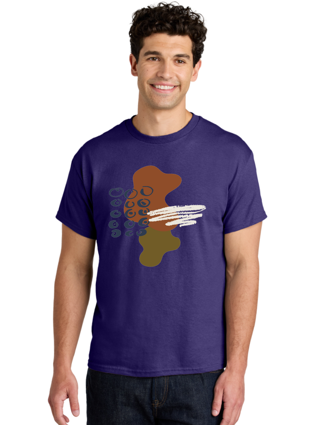 Brown-Shape-With-Swirls-And-Lines Men'S Graphic Tee, 100% Cotton, Comfortable Casual Summer Wear, Machine Washable, Brown Abstract Shape, Swirling Patterns, White Streaks, Blue Circles, Artistic Expression, Creative Design, Digital Art, -  Aaa404