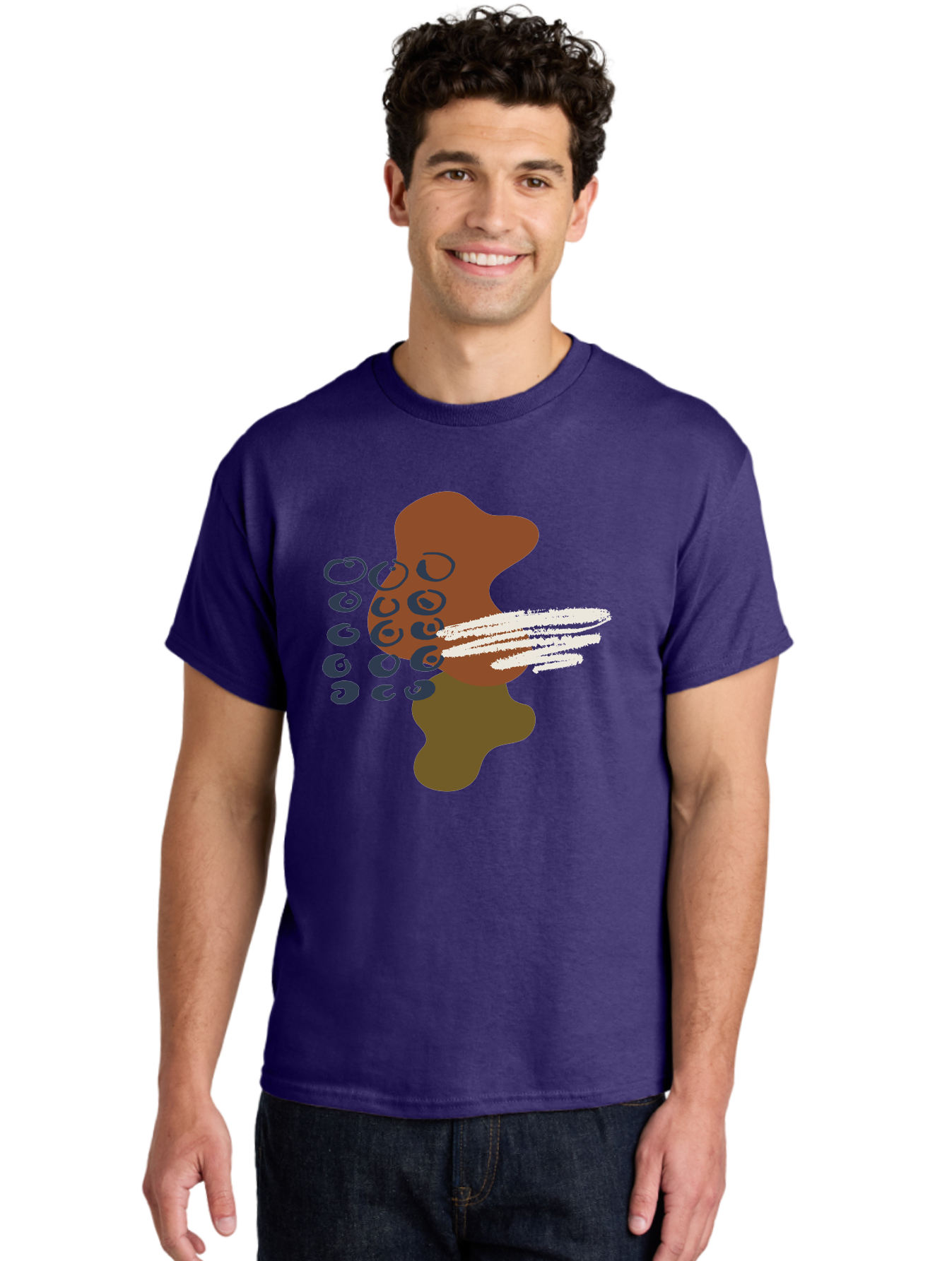 Brown-Shape-With-Swirls-And-Lines Men'S Graphic Tee, 100% Cotton, Comfortable Casual Summer Wear, Machine Washable, Brown Abstract Shape, Swirling Patterns, White Streaks, Blue Circles, Artistic Expression, Creative Design, Digital Art, -  Aaa404