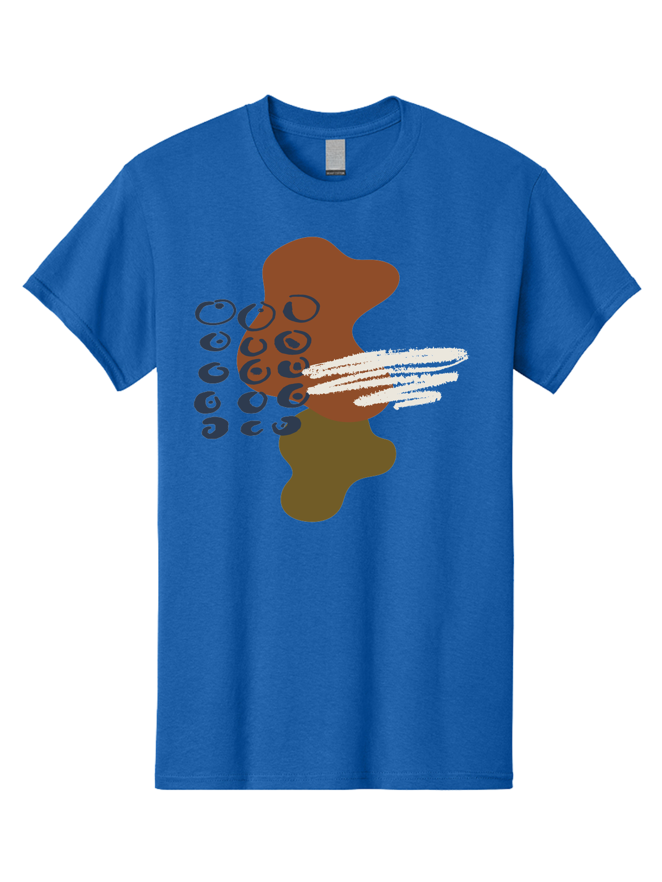 Brown-Shape-With-Swirls-And-Lines Men'S Graphic Tee, 100% Cotton, Comfortable Casual Summer Wear, Machine Washable, Brown Abstract Shape, Swirling Patterns, White Streaks, Blue Circles, Artistic Expression, Creative Design, Digital Art, -  Aaa404
