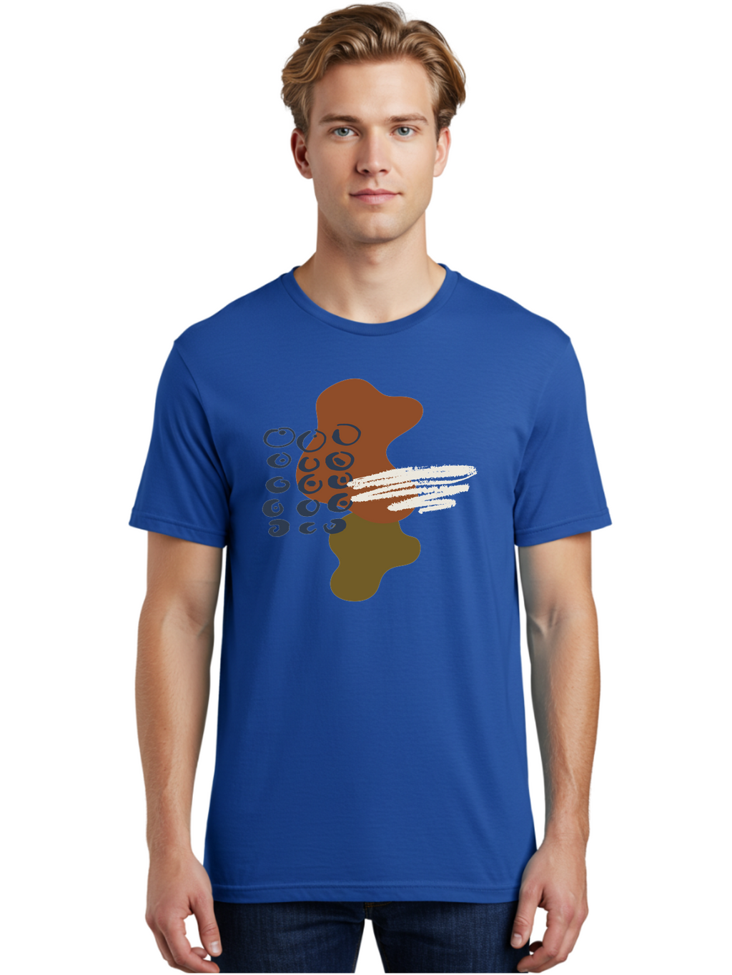 Brown-Shape-With-Swirls-And-Lines Men'S Graphic Tee, 100% Cotton, Comfortable Casual Summer Wear, Machine Washable, Brown Abstract Shape, Swirling Patterns, White Streaks, Blue Circles, Artistic Expression, Creative Design, Digital Art, -  Aaa404