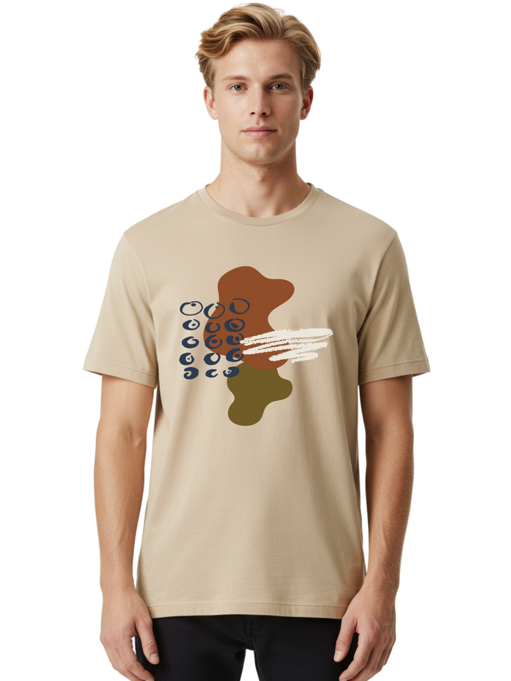 Brown-Shape-With-Swirls-And-Lines Men'S Graphic Tee, 100% Cotton, Comfortable Casual Summer Wear, Machine Washable, Brown Abstract Shape, Swirling Patterns, White Streaks, Blue Circles, Artistic Expression, Creative Design, Digital Art, -  Aaa404