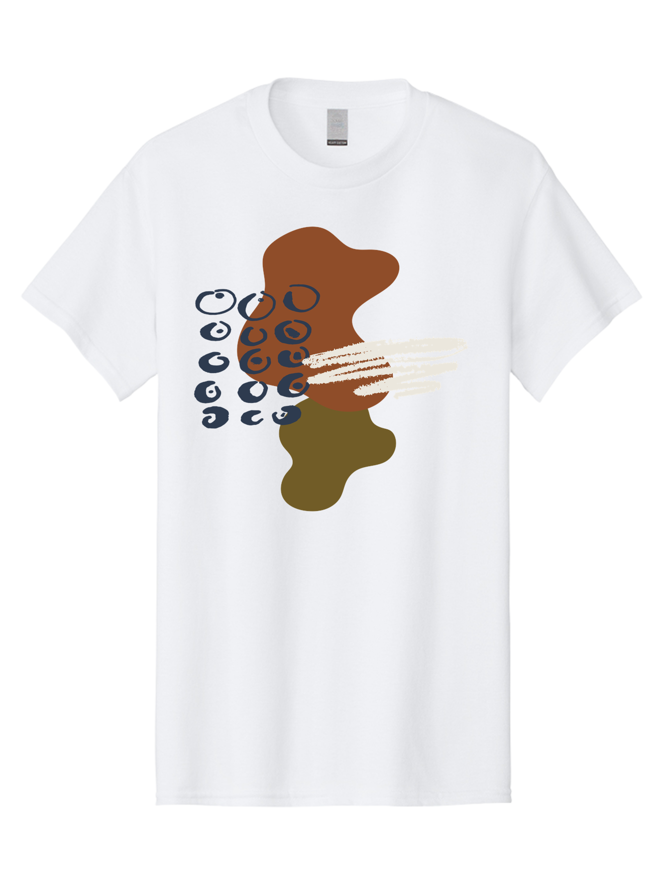Brown-Shape-With-Swirls-And-Lines Men'S Graphic Tee, 100% Cotton, Comfortable Casual Summer Wear, Machine Washable, Brown Abstract Shape, Swirling Patterns, White Streaks, Blue Circles, Artistic Expression, Creative Design, Digital Art, -  Aaa404