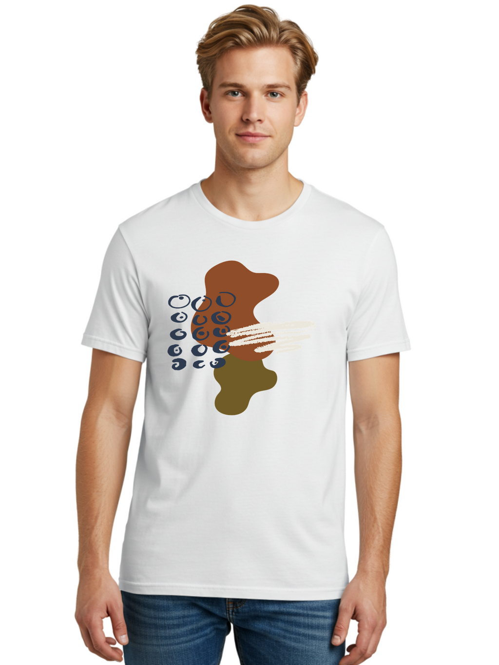 Brown-Shape-With-Swirls-And-Lines Men'S Graphic Tee, 100% Cotton, Comfortable Casual Summer Wear, Machine Washable, Brown Abstract Shape, Swirling Patterns, White Streaks, Blue Circles, Artistic Expression, Creative Design, Digital Art, -  Aaa404