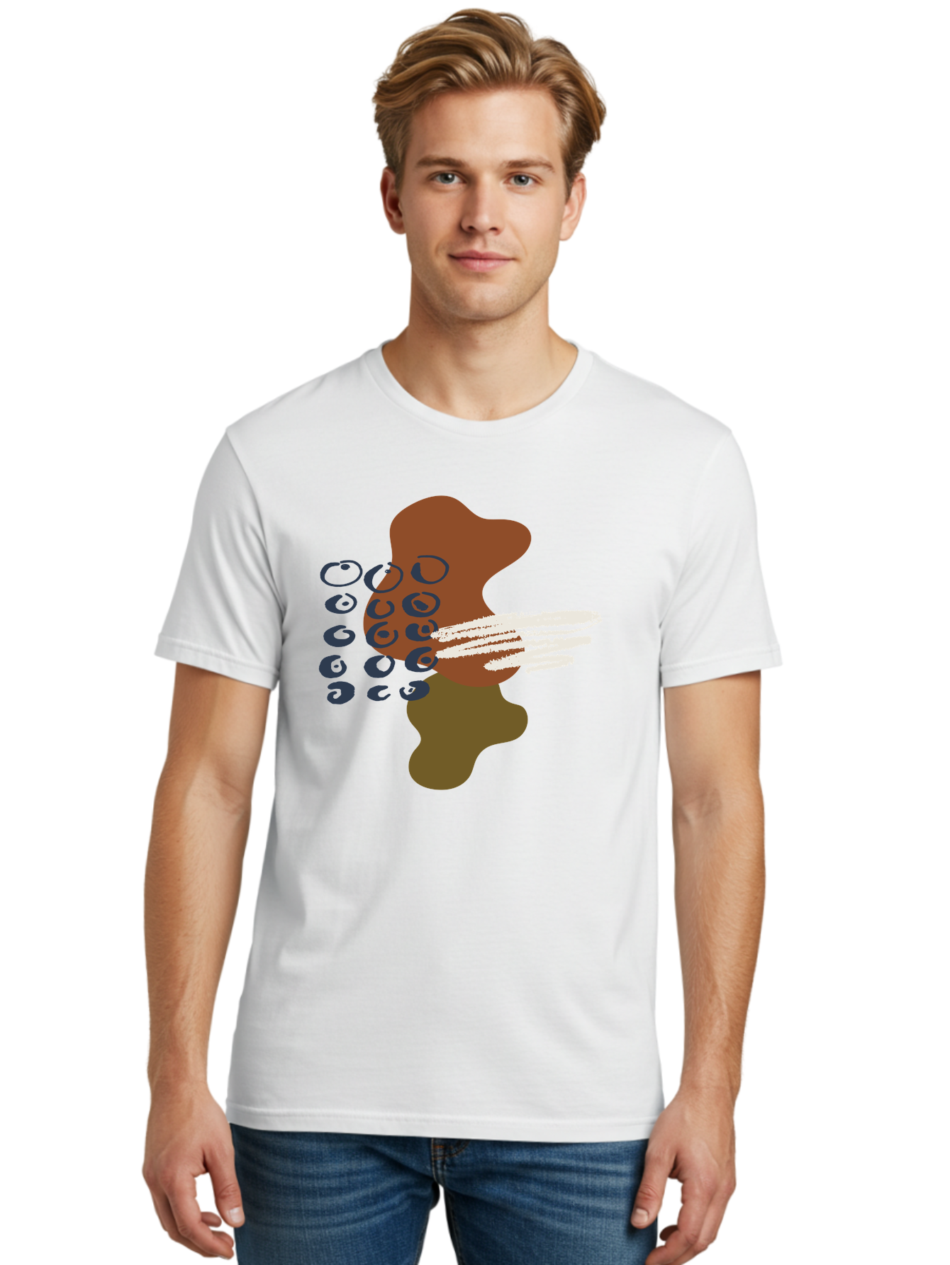 Brown-Shape-With-Swirls-And-Lines Men'S Graphic Tee, 100% Cotton, Comfortable Casual Summer Wear, Machine Washable, Brown Abstract Shape, Swirling Patterns, White Streaks, Blue Circles, Artistic Expression, Creative Design, Digital Art, -  Aaa404