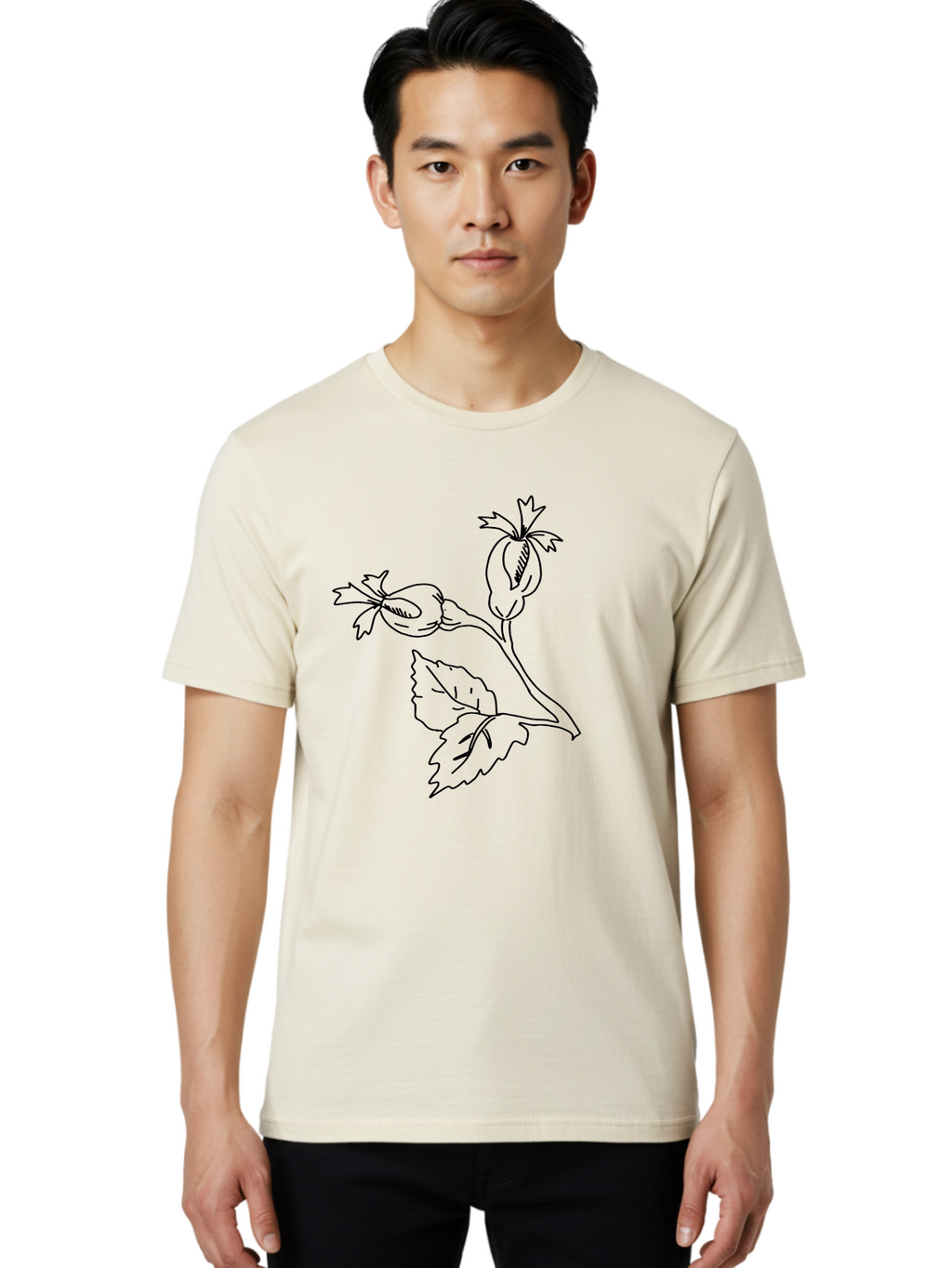 Cotton-Plant Men'S Graphic Tee, 100% Cotton, Comfortable Casual Summer Wear, Machine Washable, Cotton Plant Illustration, Cotton Buds, Simple Line Art, Minimalist Design, Botanical Drawing, Organic Shapes -  Aaa417