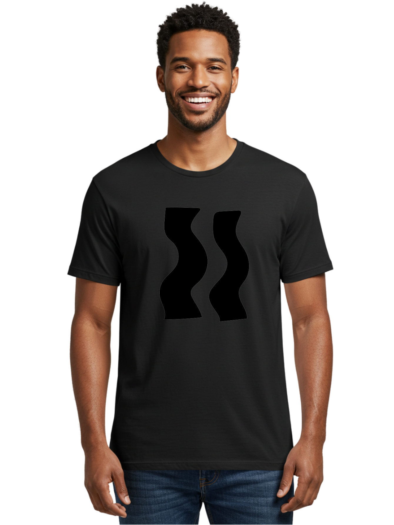 Double-S Men'S Graphic Tee, 100% Cotton, Comfortable Casual Summer Wear, Machine Washable, Wavy Silhouettes, Black Shapes, Abstract Design, Modern Art, Sleek Pattern, Contemporary Style, Graphic Illustration -  Aaa424