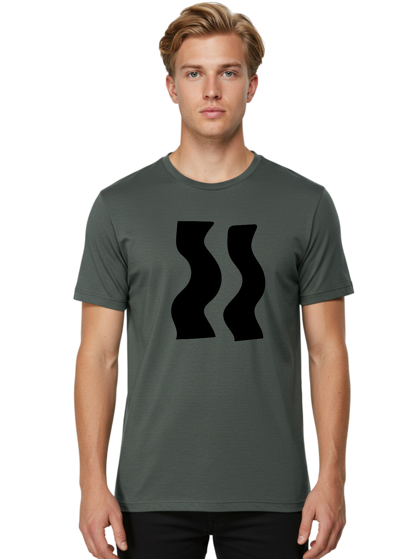 Double-S Men'S Graphic Tee, 100% Cotton, Comfortable Casual Summer Wear, Machine Washable, Wavy Silhouettes, Black Shapes, Abstract Design, Modern Art, Sleek Pattern, Contemporary Style, Graphic Illustration -  Aaa424