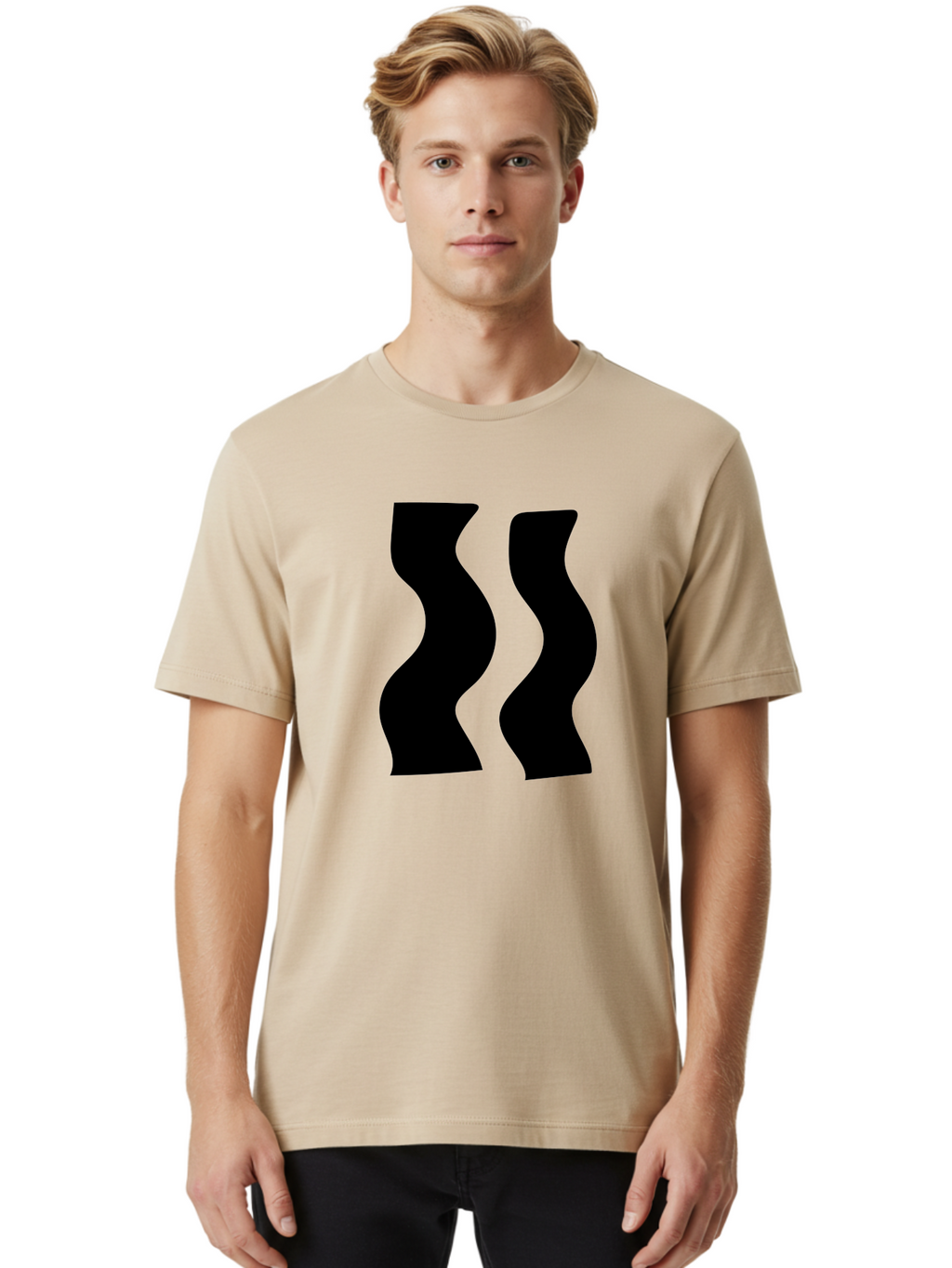 Double-S Men'S Graphic Tee, 100% Cotton, Comfortable Casual Summer Wear, Machine Washable, Wavy Silhouettes, Black Shapes, Abstract Design, Modern Art, Sleek Pattern, Contemporary Style, Graphic Illustration -  Aaa424